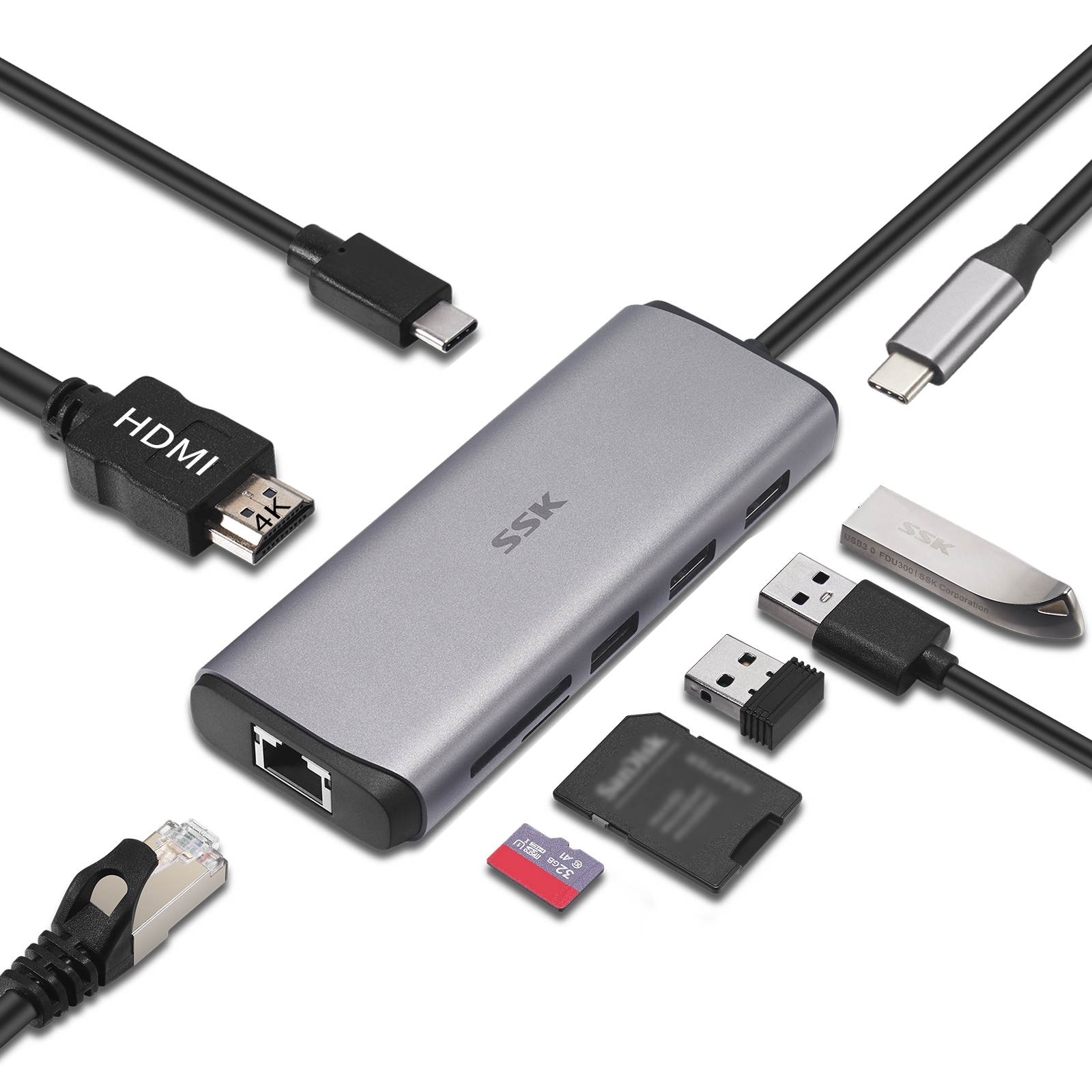SSK USB C Hub, 8-in-1 Type C Multiport Hub Adapter with RJ45 Ethernet, 4K HDMI, PD3.0 Powered, 2 USB 3.0, 1 USB2.0, SD/TF Cards Reader USB C Dock for MacBook/Pro/Air and More Type C Devices