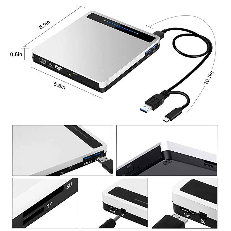 DVD Drive 5 in 1 USB 30TypeC Portable CDDVD+RW Burner Player CD ROM for Mac Laptop MacBook Pro Air Desktop PC Windows