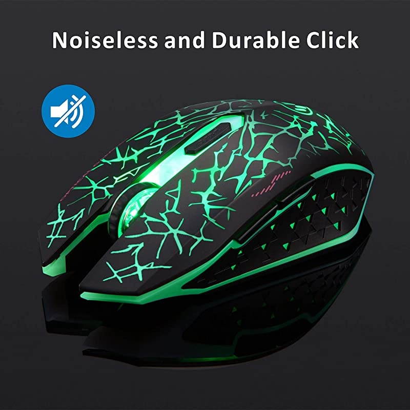 K6 Wireless Gaming Mouse, Rechargeable Silent LED Optical Computer Mice with USB Receiver, 3 Adjustable DPI Level and 6 Buttons, Auto Sleeping Compatible Laptop/PC/Notebook (Green Light)