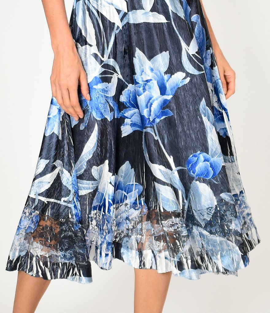 Komarov V-Neck 3/4 Sleeve Indigo Rose Floral Charmeuse Midi Dress