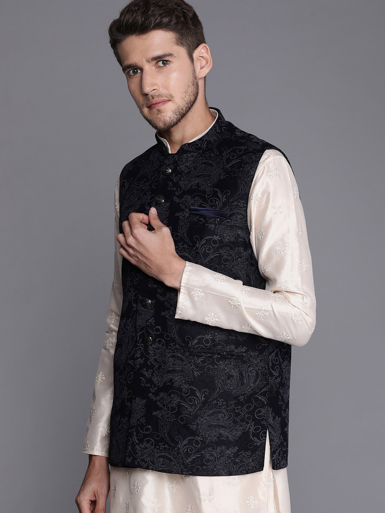 Manyavar Dark Blue Regular Fit Self Design Nehru Jacket