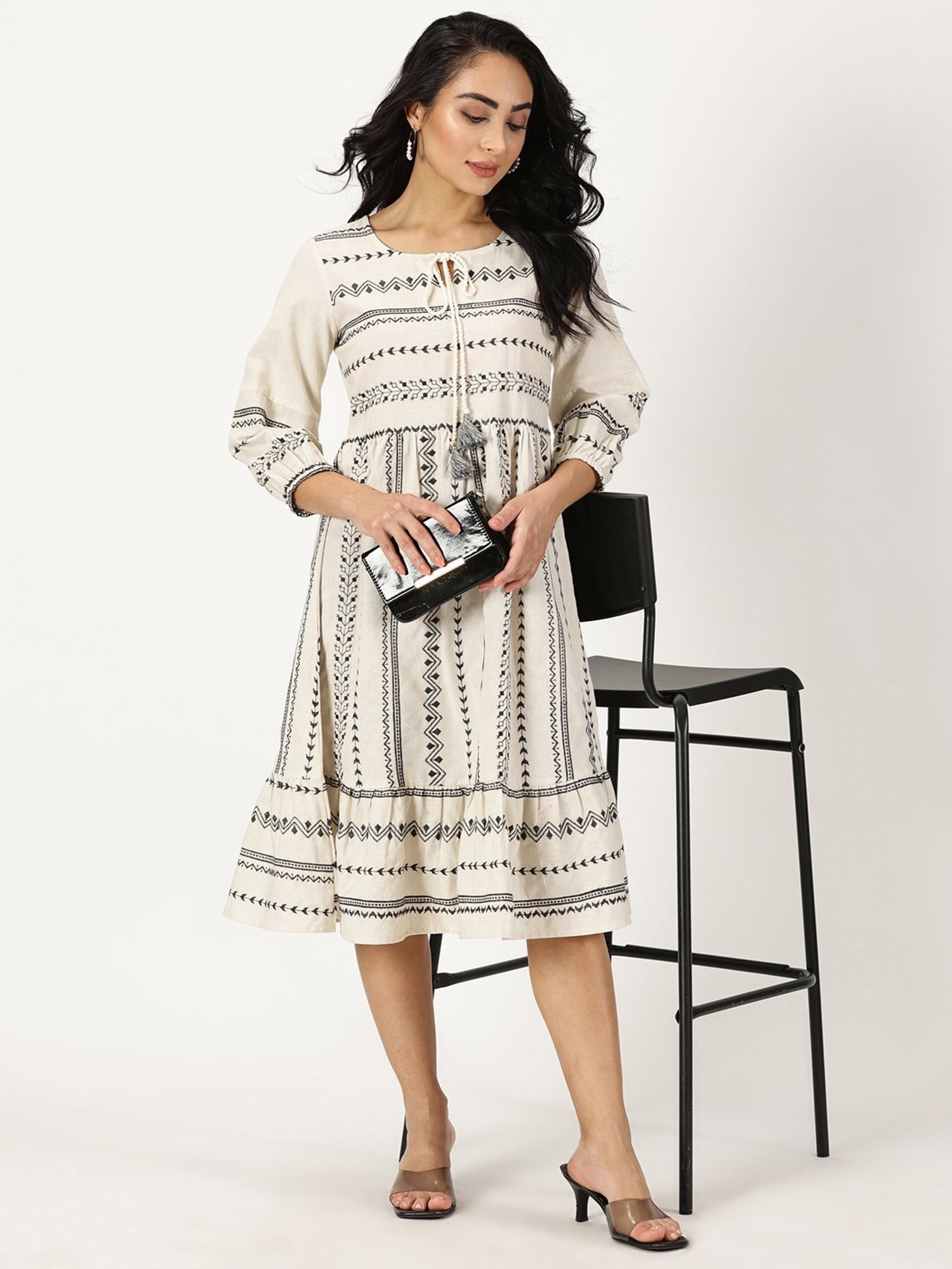 Saffron Threads Off White Cotton Embroidered Ethnic Dress