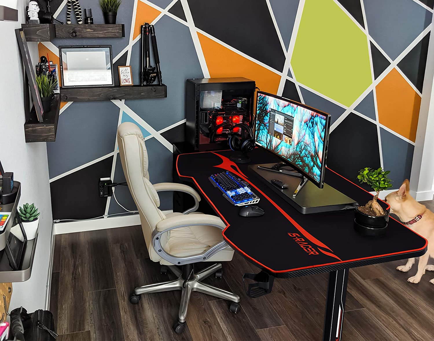 Homall 55 Inch Ergonomic Gaming Desk PC Computer Desk Home Office Table T-shaped Frame Table for Pressional Game Lover with Free Mouse Pad, Headphone Hook, Game Handle Rack and Cup Holder (Black)