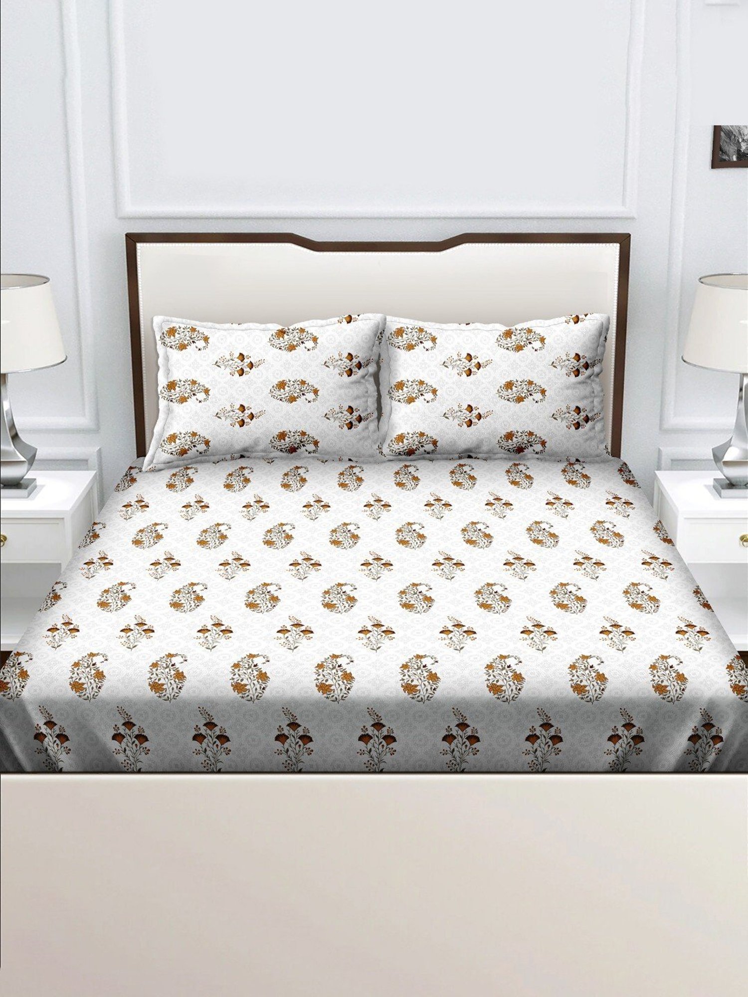 BELLA CASA Genteel Printed Beige 180 TC Cotton King Bedsheet with 2 Pillow Covers