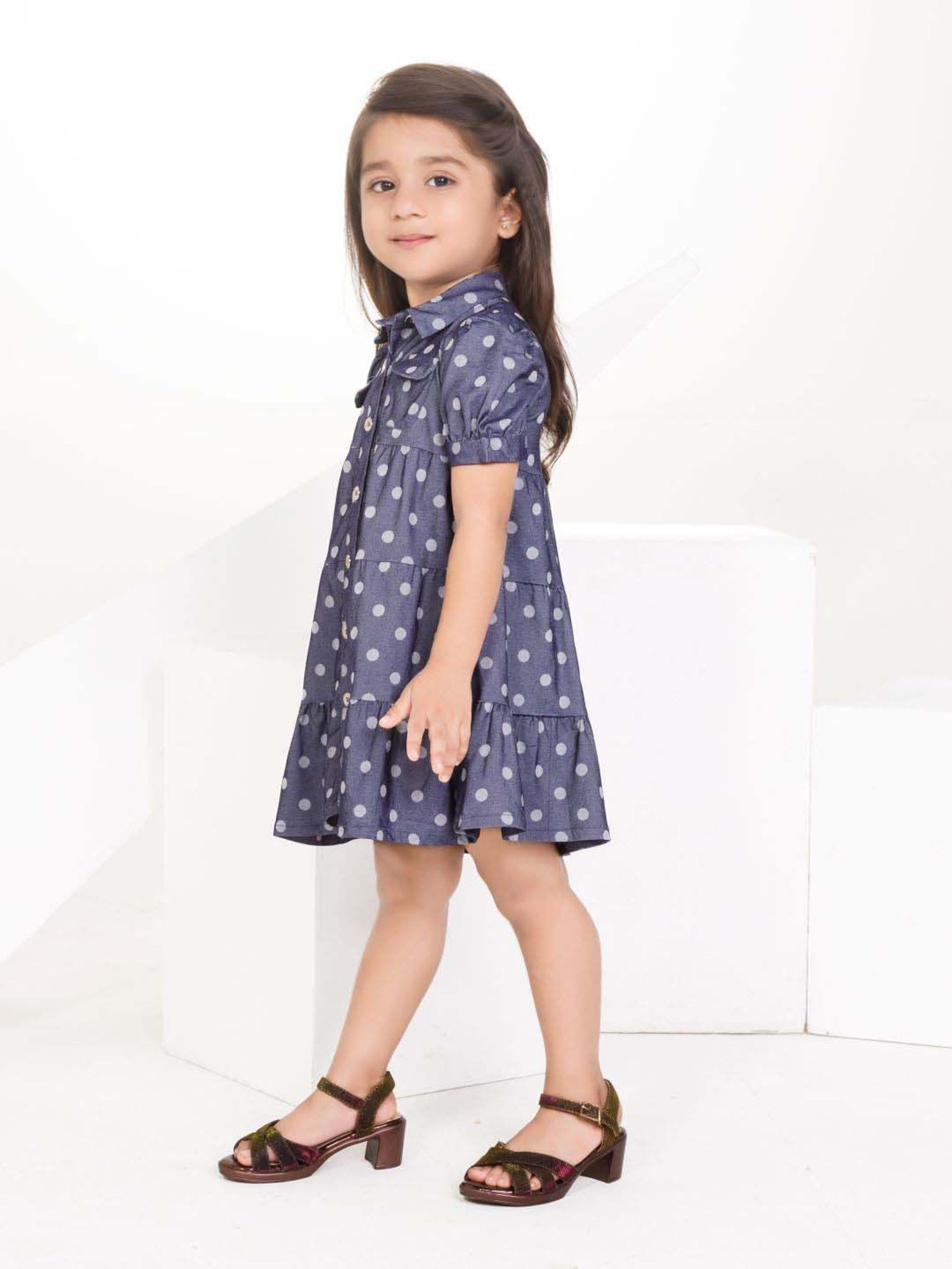 Peppermint Girls Navy Blue Cotton Printed Dress