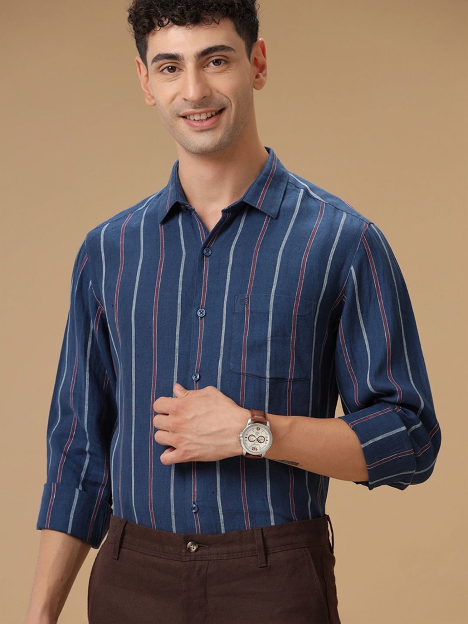 Linen Club Navy Linen Contemporary Fit Striped Shirt