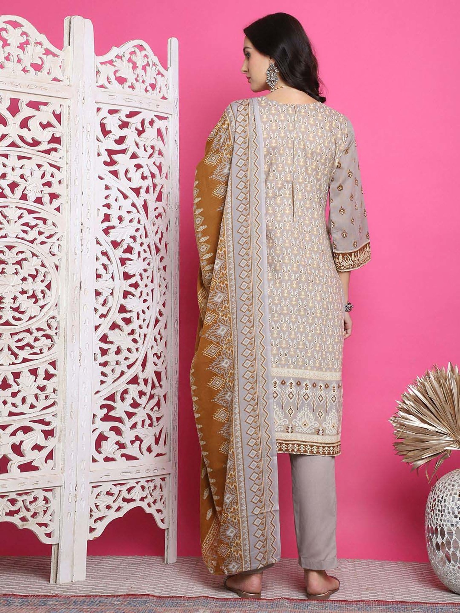 Stylee LIFESTYLE Grey Cotton Embroidered Unstitched Dress Material