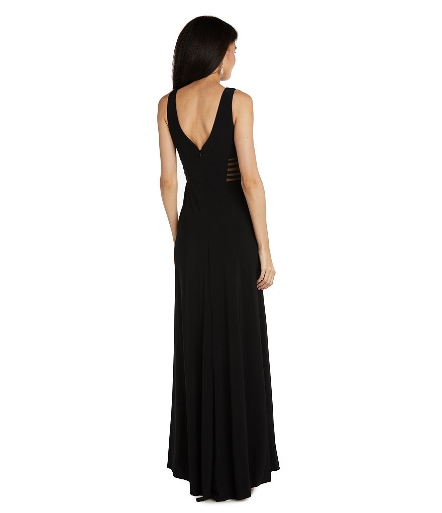 Morgan & Co. Power Mesh Deep V Plunging Neck Long Dress