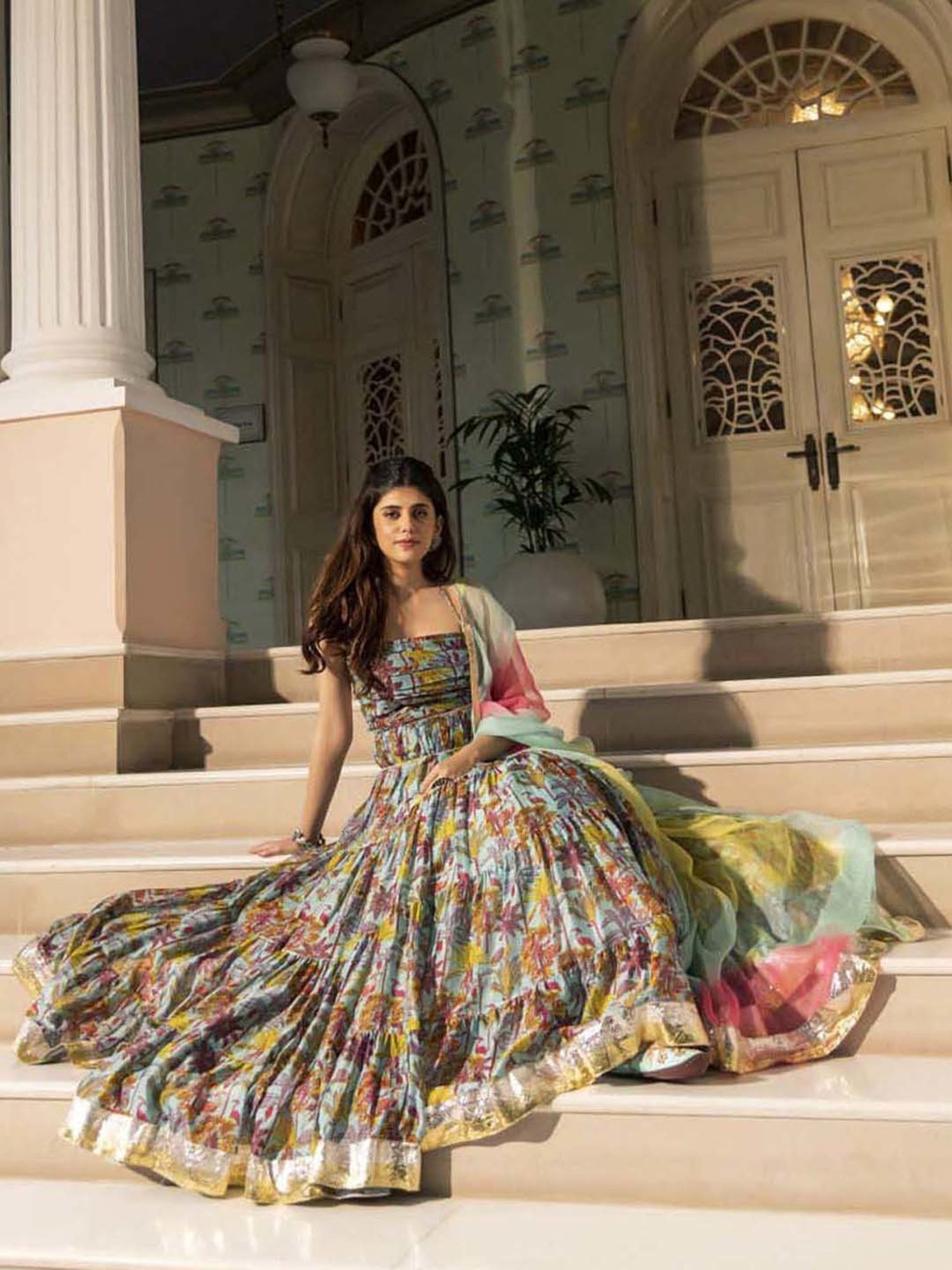 AACHHO Blue Floral Print Lehenga Choli Set With Dupatta