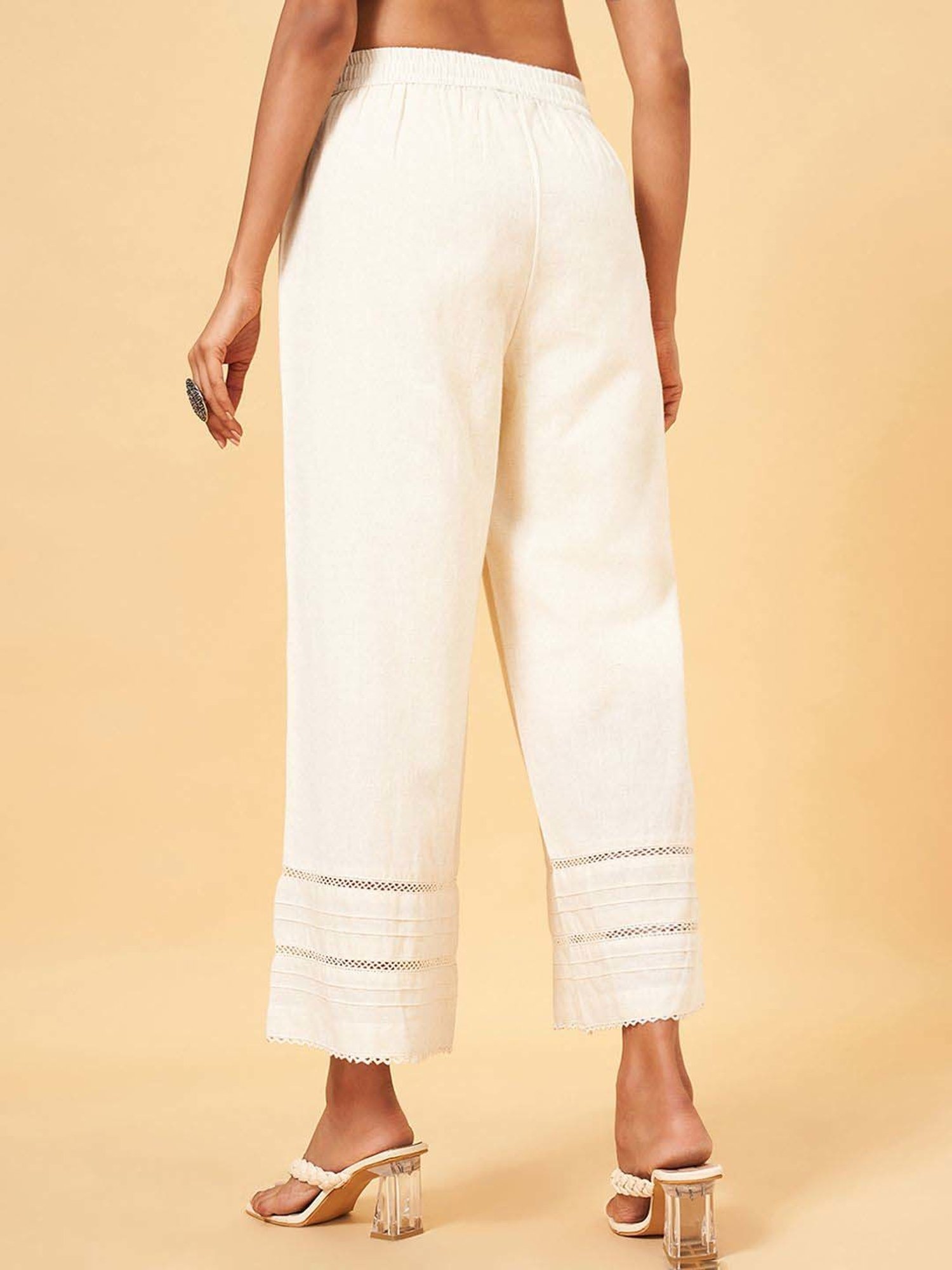 Rangmanch by Pantaloons Off-White Cotton Self Pattern Palazzos