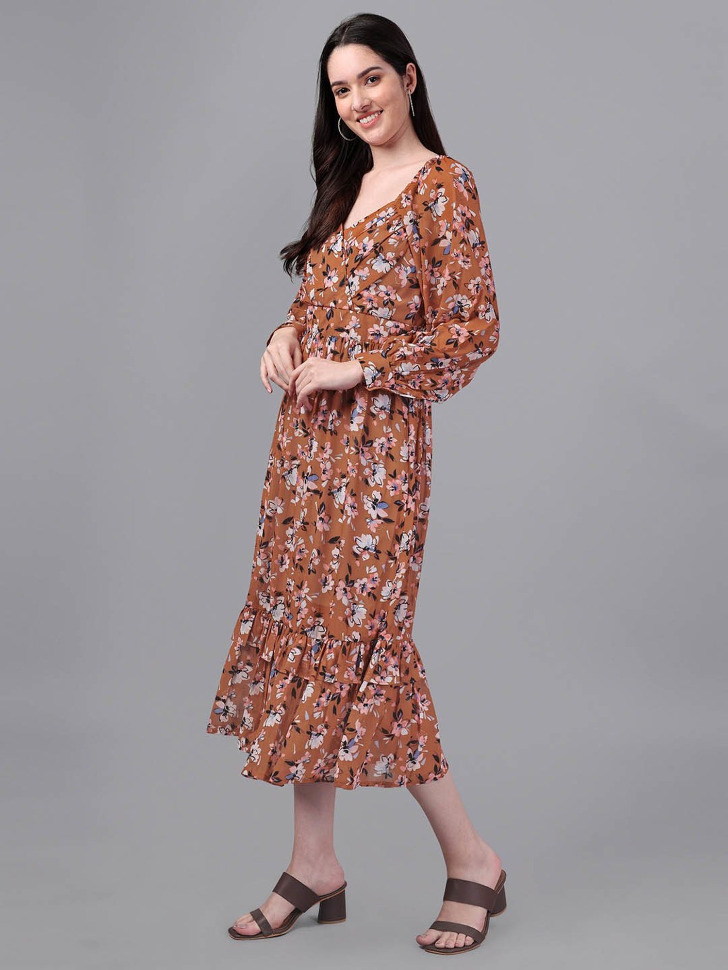MASAKALI.CO Brown Floral Print Midi Dress