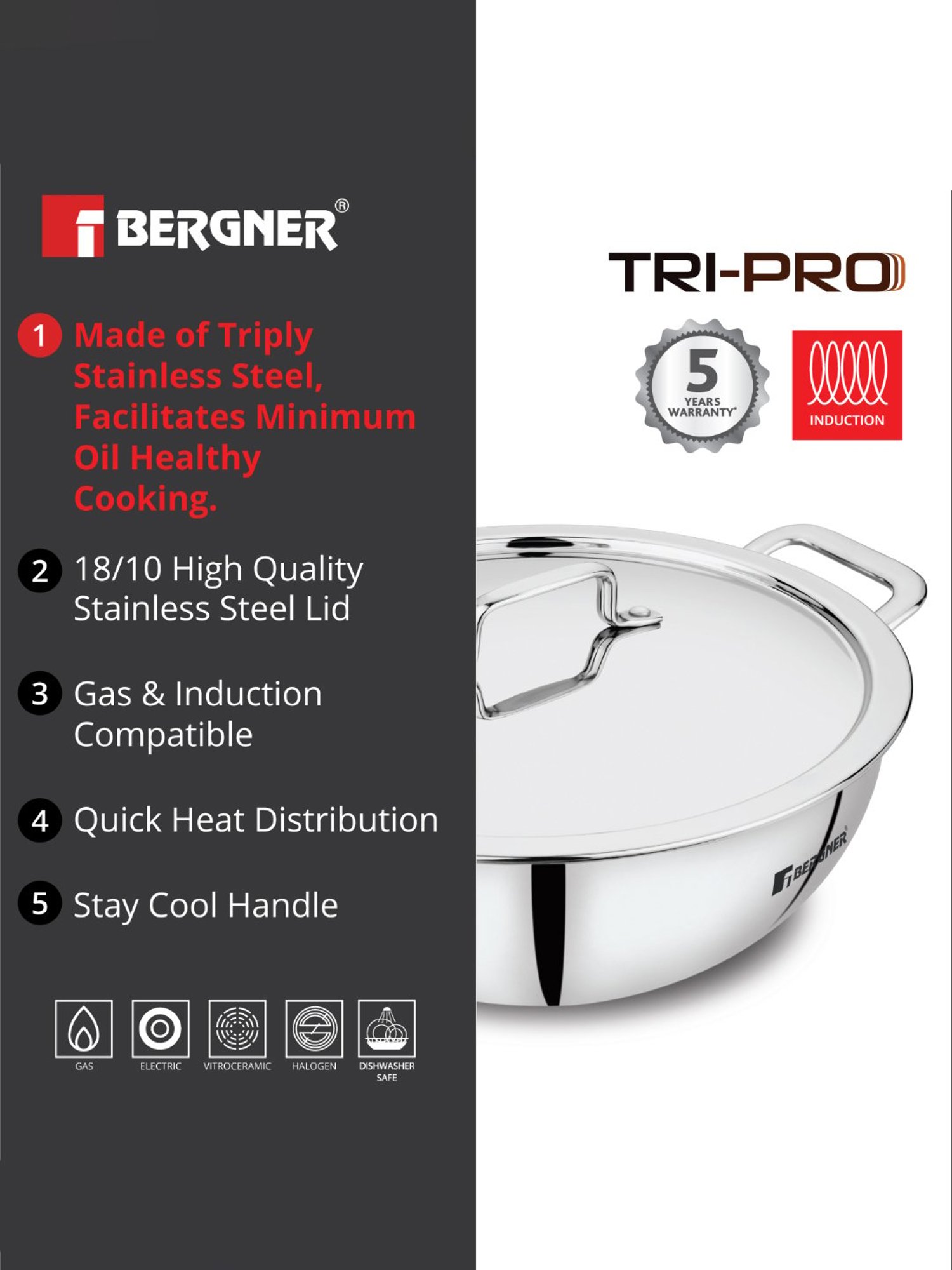 Bergner Silver Triply Stainless Steel Induction Base Kadhai with Lid - 24cm (3.1L)