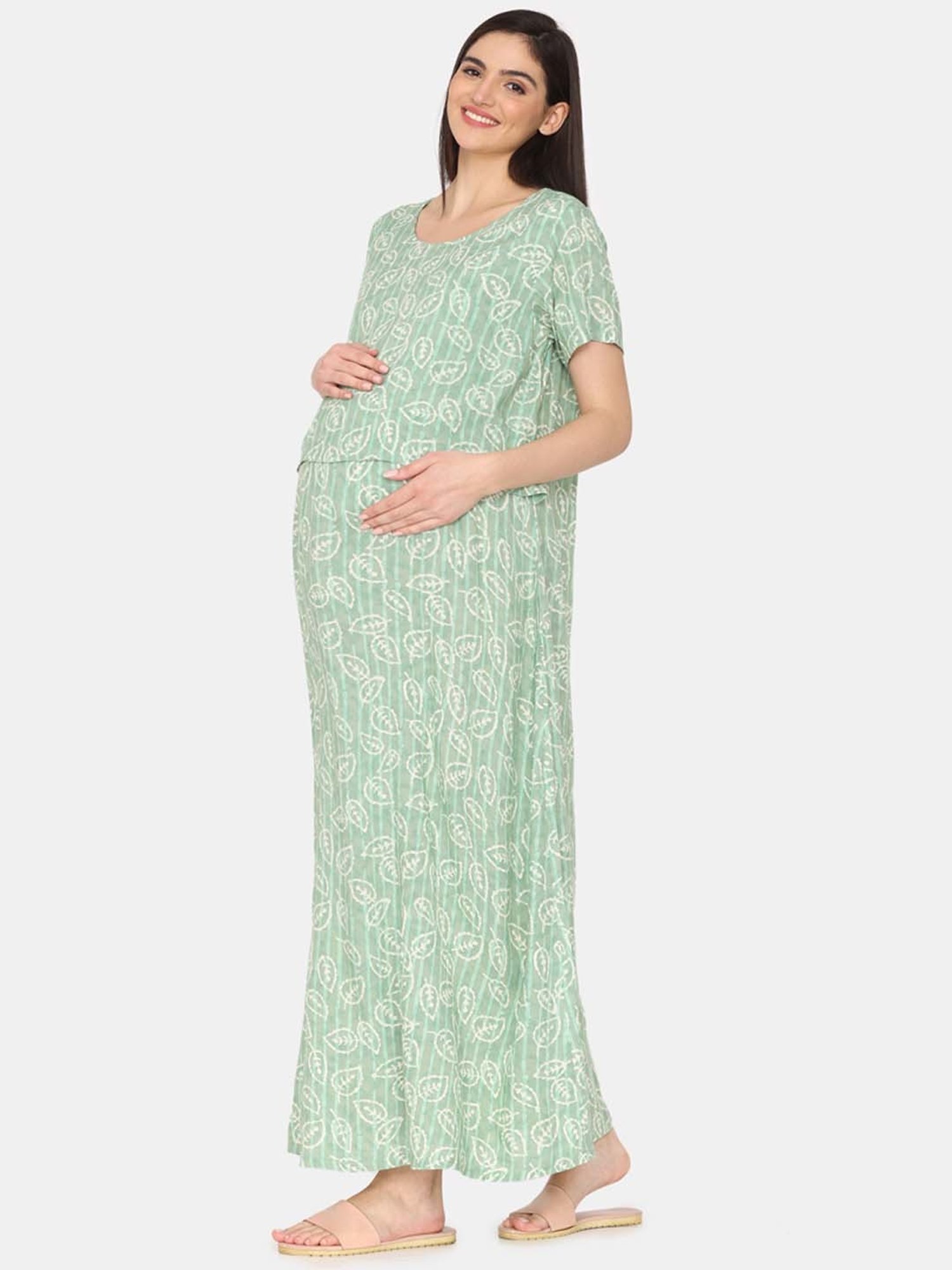 Coucou by Zivame Green Floral Print Maternity Nighty