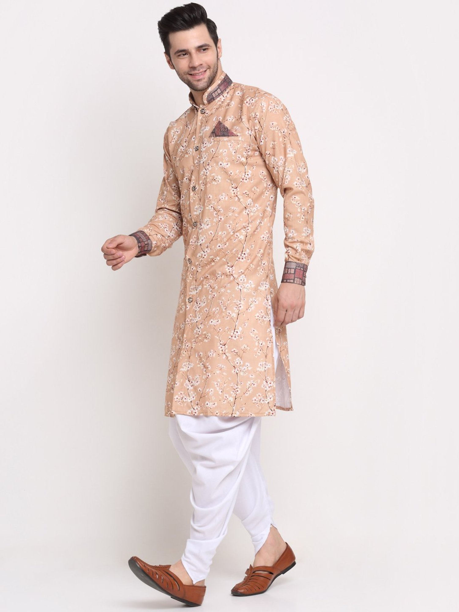 Benstoke Beige & White Cotton Regular Fit Floral Print Sherwani Set