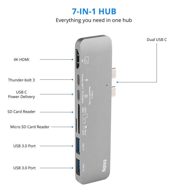 Frisby 7-in-2 Thunderbolt Hub for USB-C MacBook Pro 13"/15" 2016/2017/2018 and MacBook Air 2018 &ndash; Aluminum USB-C Adapter 4K HDMI, USB 3.0, SD