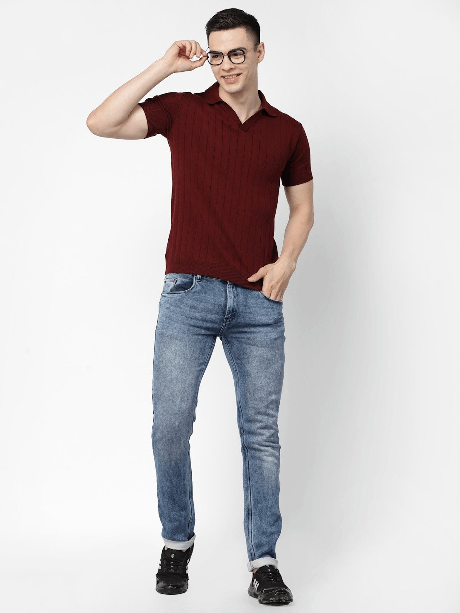 Kalt Maroon Regular Fit Striped Polo T-Shirt
