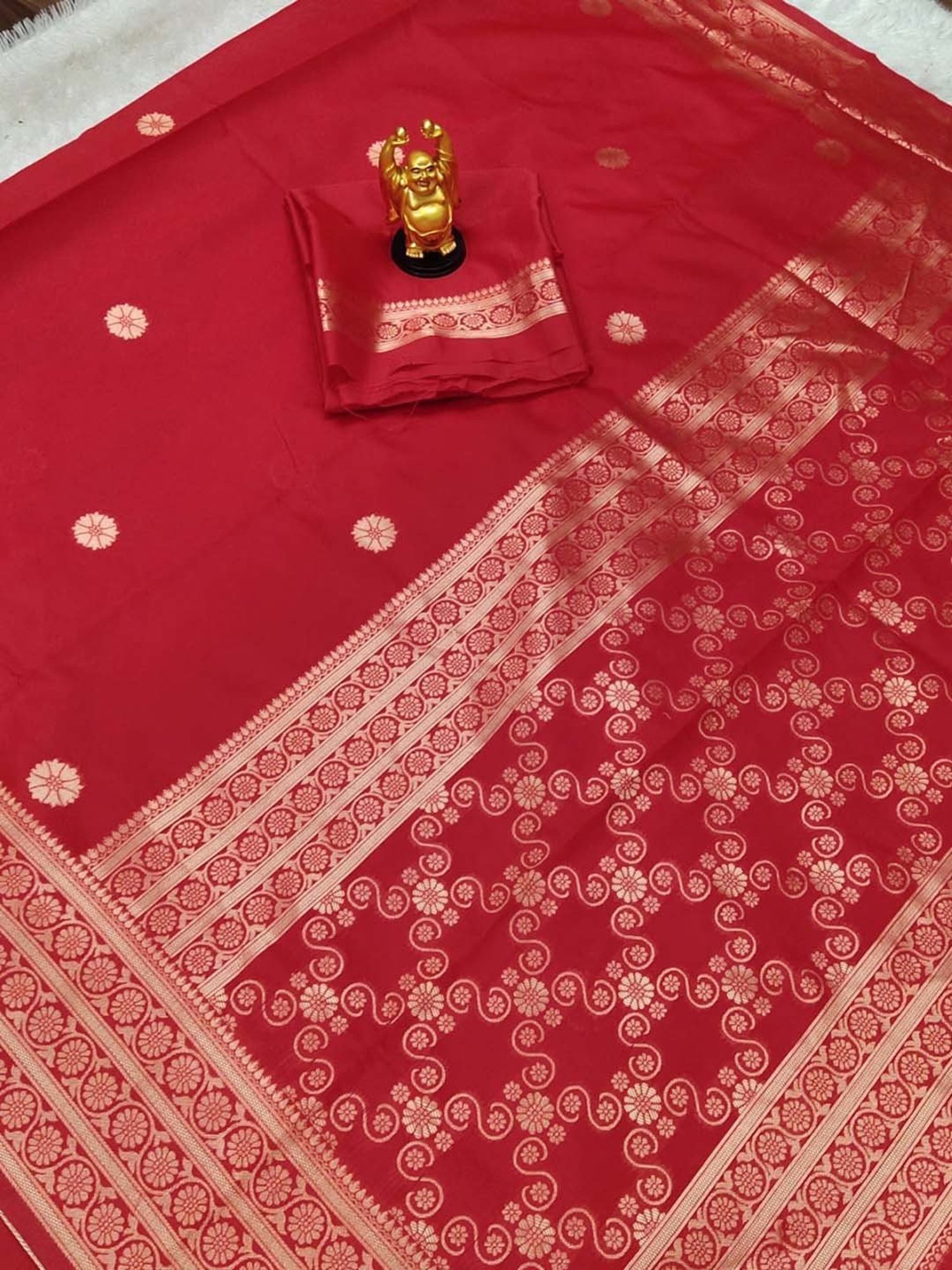 Satrani Red & Golden Silk Woven Saree With Unstitched Blouse
