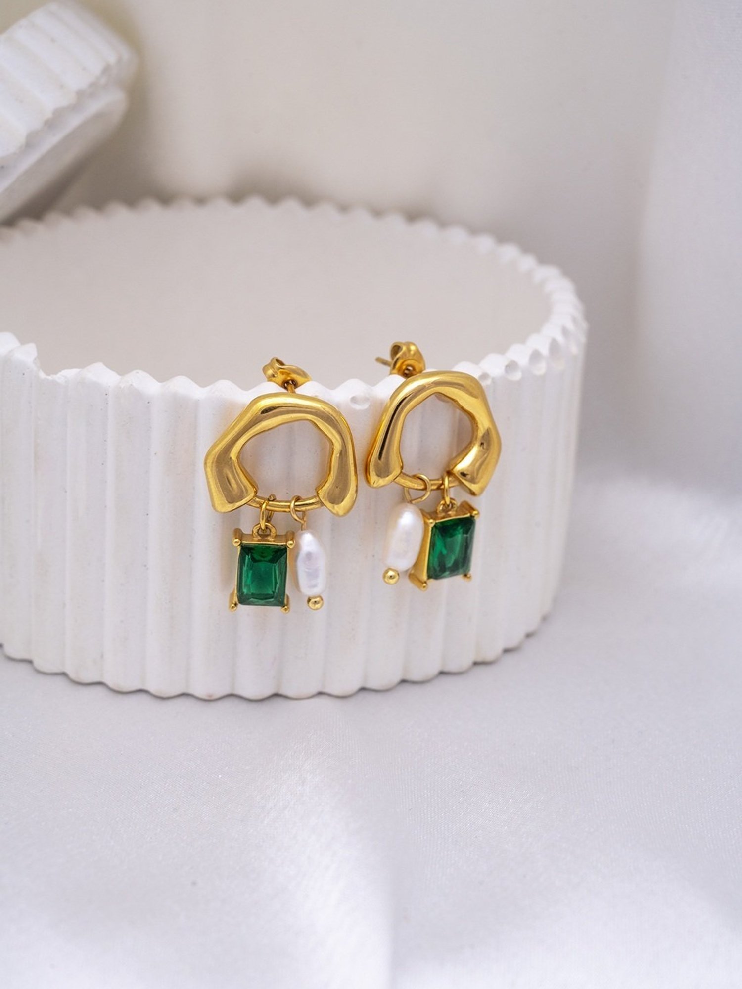 Perfectly Average Pearl And Emerald Drop Studs