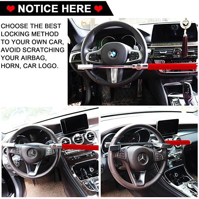 Steering Wheel Lock for Cars,Wheel Lock,Vehicle Anti-Theft Lock,Adjustable Length Clamp Double Hook Universal Fit Emergency Hammer Window Breaker Self Defense Heavy Duty Secure (Red)