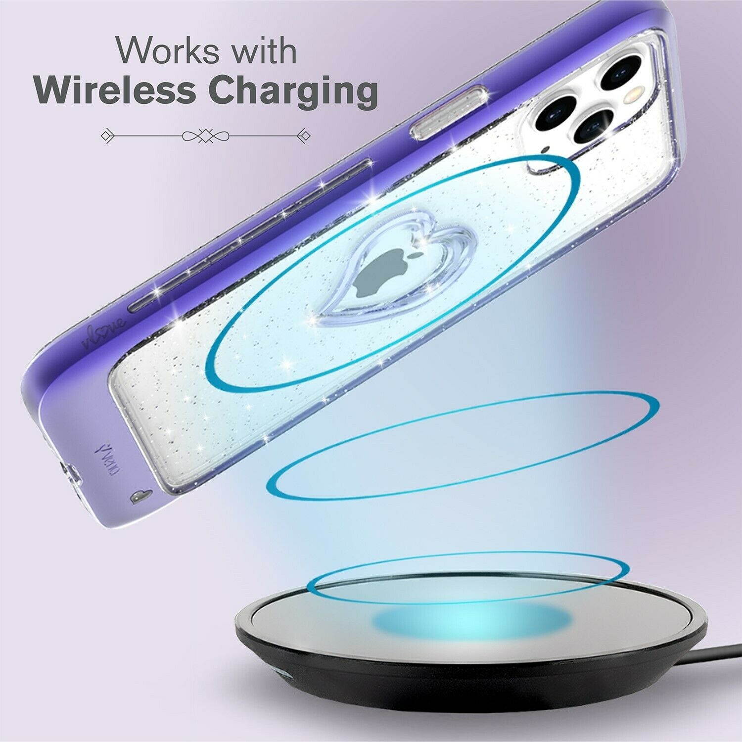 [vLove][Glitter Heart-Shape] Hybrid Clear Case for iPhone 12 Pro - Purple