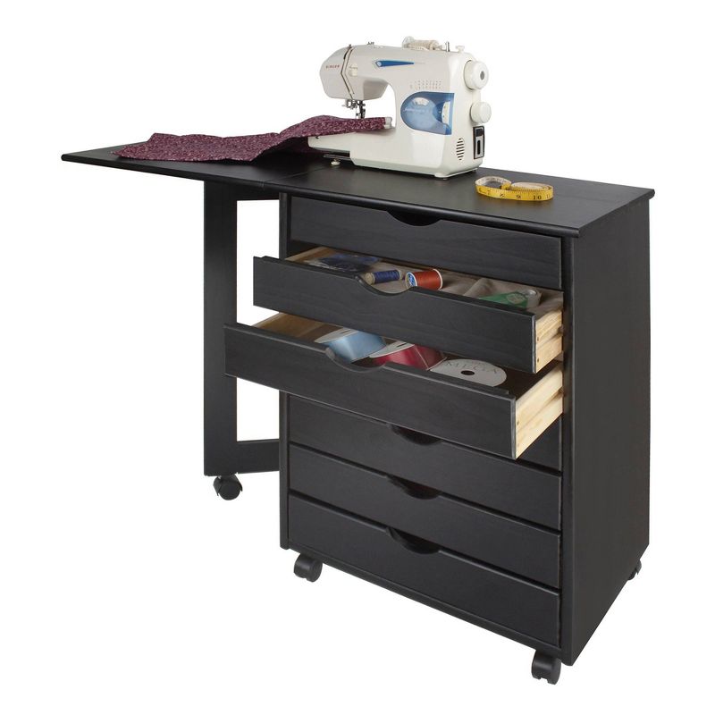 Adeptus Solid Wood 7 Drawer Gate Leg Roll Cart Desk Black