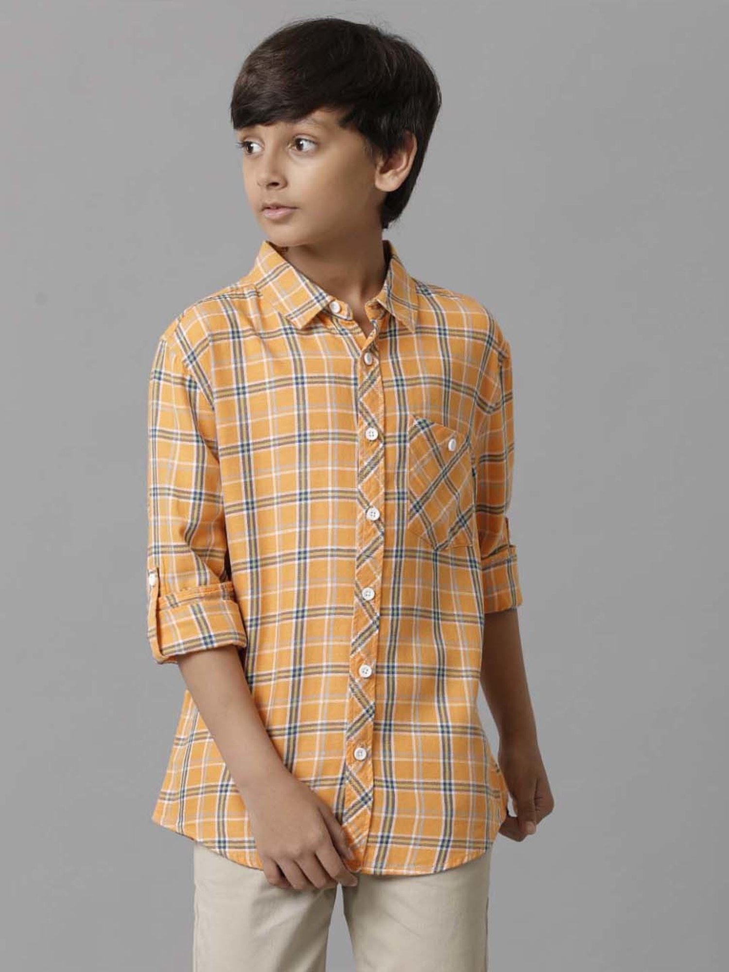 Under Fourteen Only Kids Orange & Blue Cotton Chequered Full Sleeves Shirt