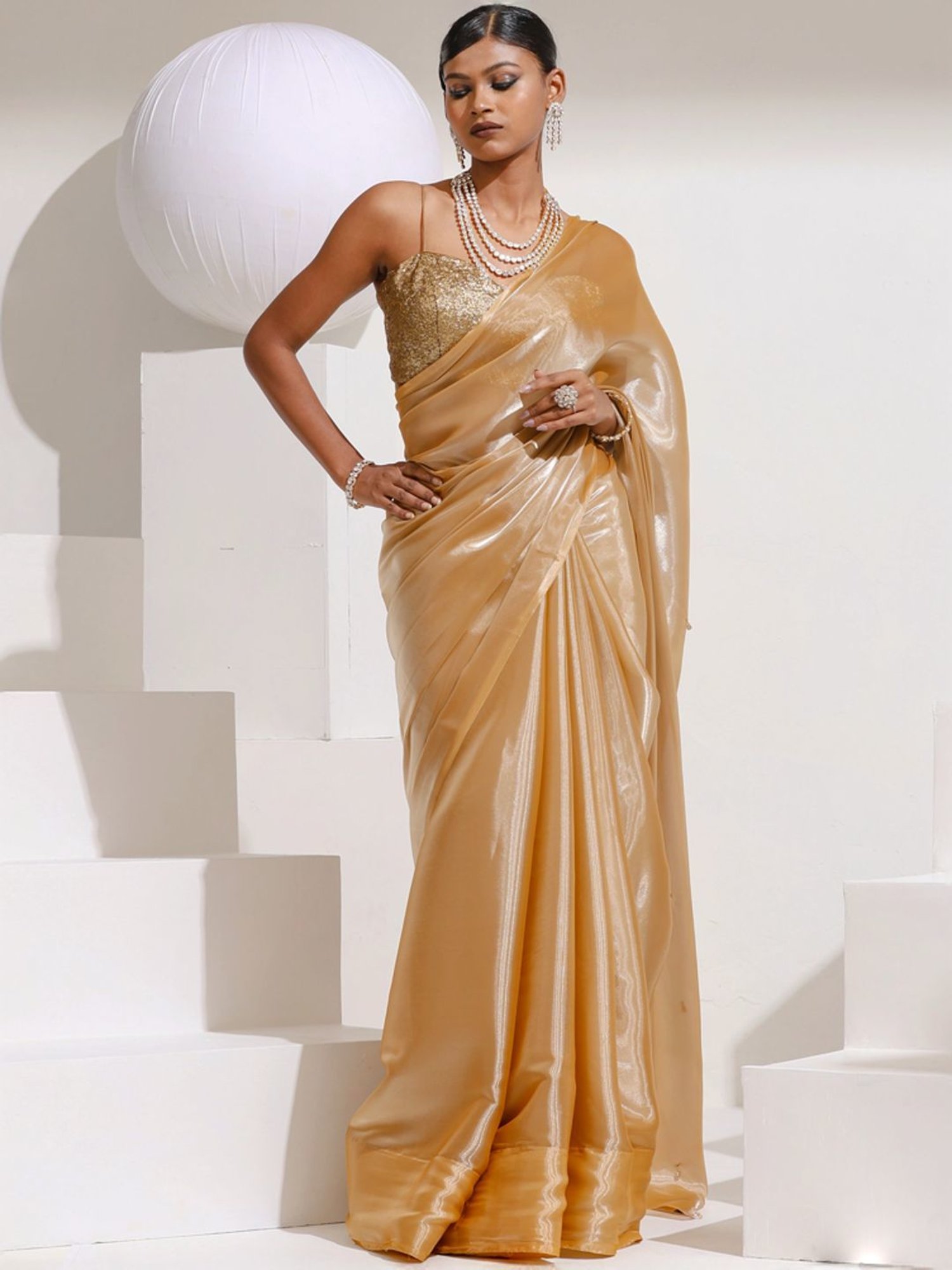 Swtantra Beige Embellished Saree With Unstitched Blouse