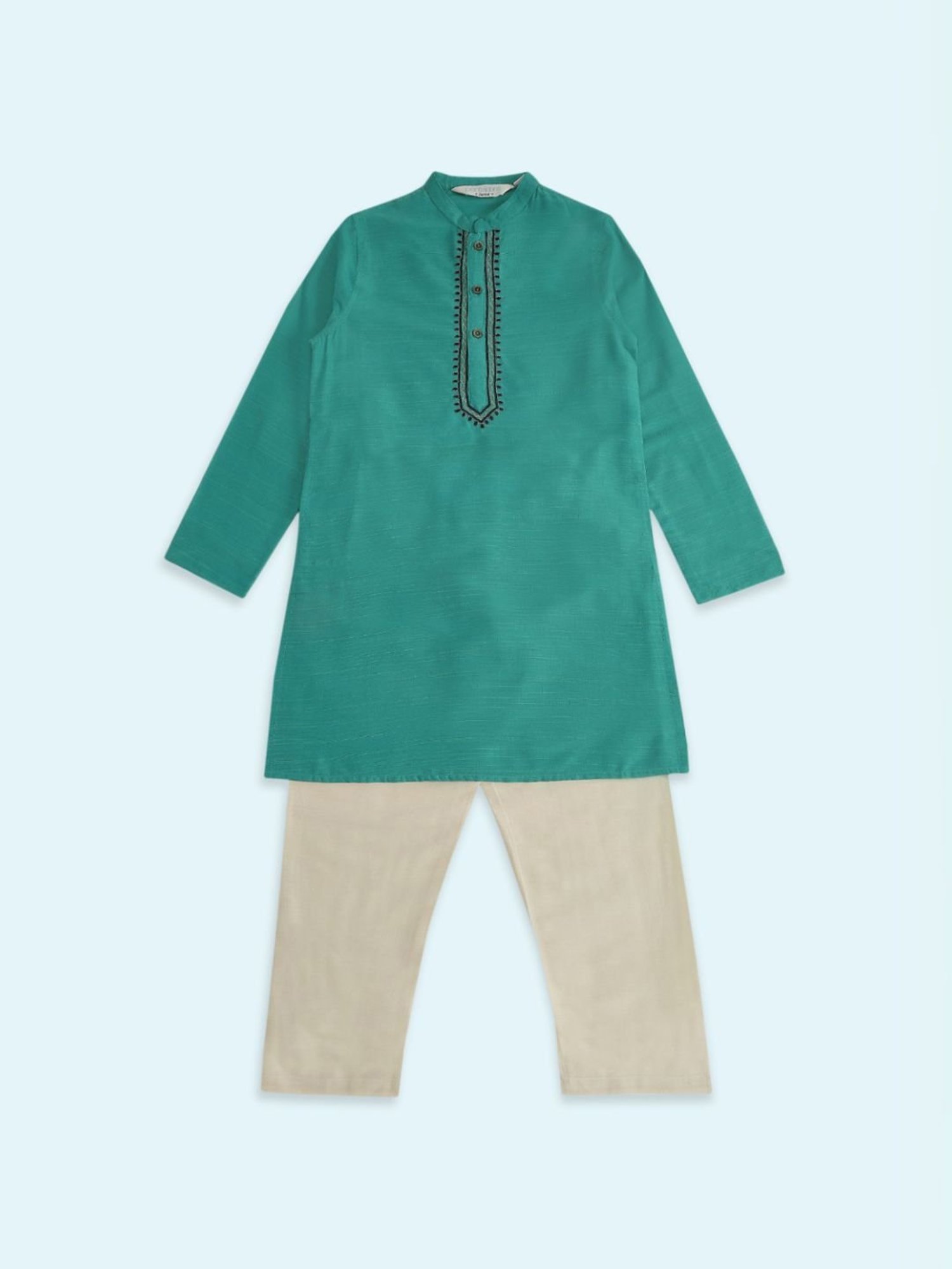 Indus Route by Pantaloons Kids Teal Blue & Grey Embroidered Full Sleeves Kurta Set
