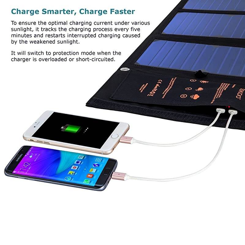 USB Solar Panel,  22W 2-Port Solar Charger(5V/4.8A Max), Portable Foldable Solar Phone Charger Uses for iPhone12/11/XS Max/XR/X/8/7, iPad, Galaxy, LG, and Any USB Devices.