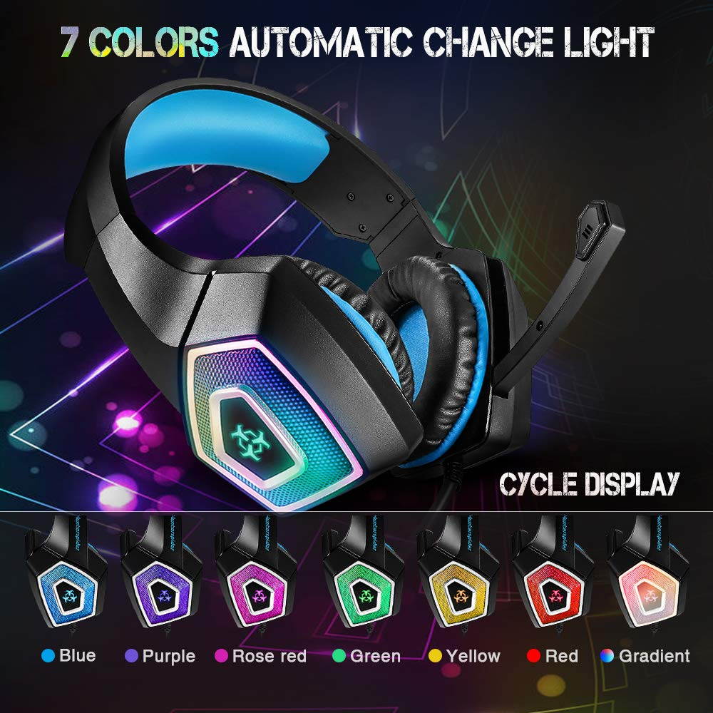 HUNTERSPIDER V1 Gaming Headset with Mic for Xbox One PS4 PC Switch Tablet Smartphone, Headphones Stereo Over Ear Bass 3.5mm Microphone Noise Canceling 7 LED Light Soft Memory Earmuffs(Free Adapter)