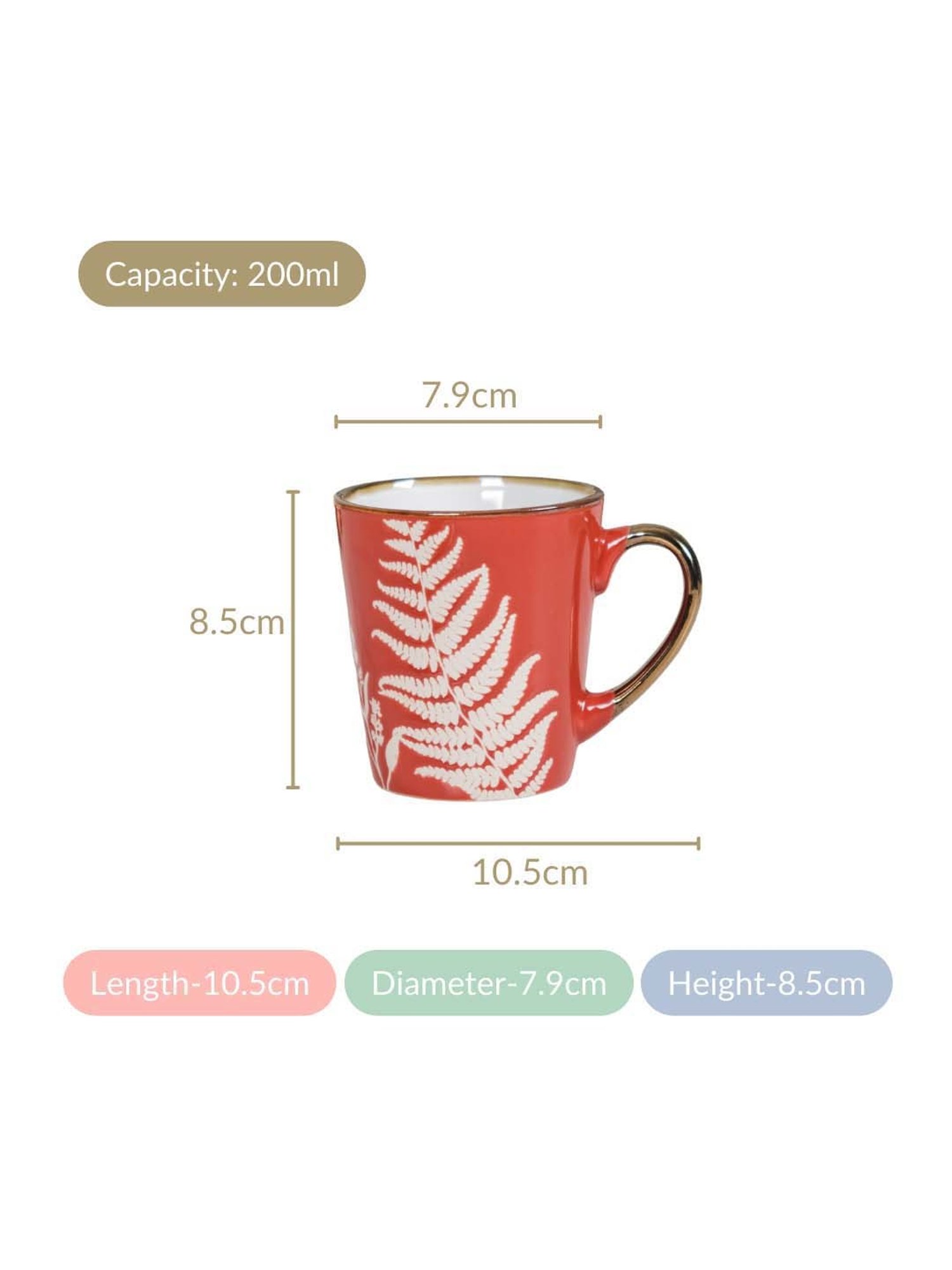 Nestasia Red Coffee Mugs With Golden Rim and Handle Set Of 6 200ml