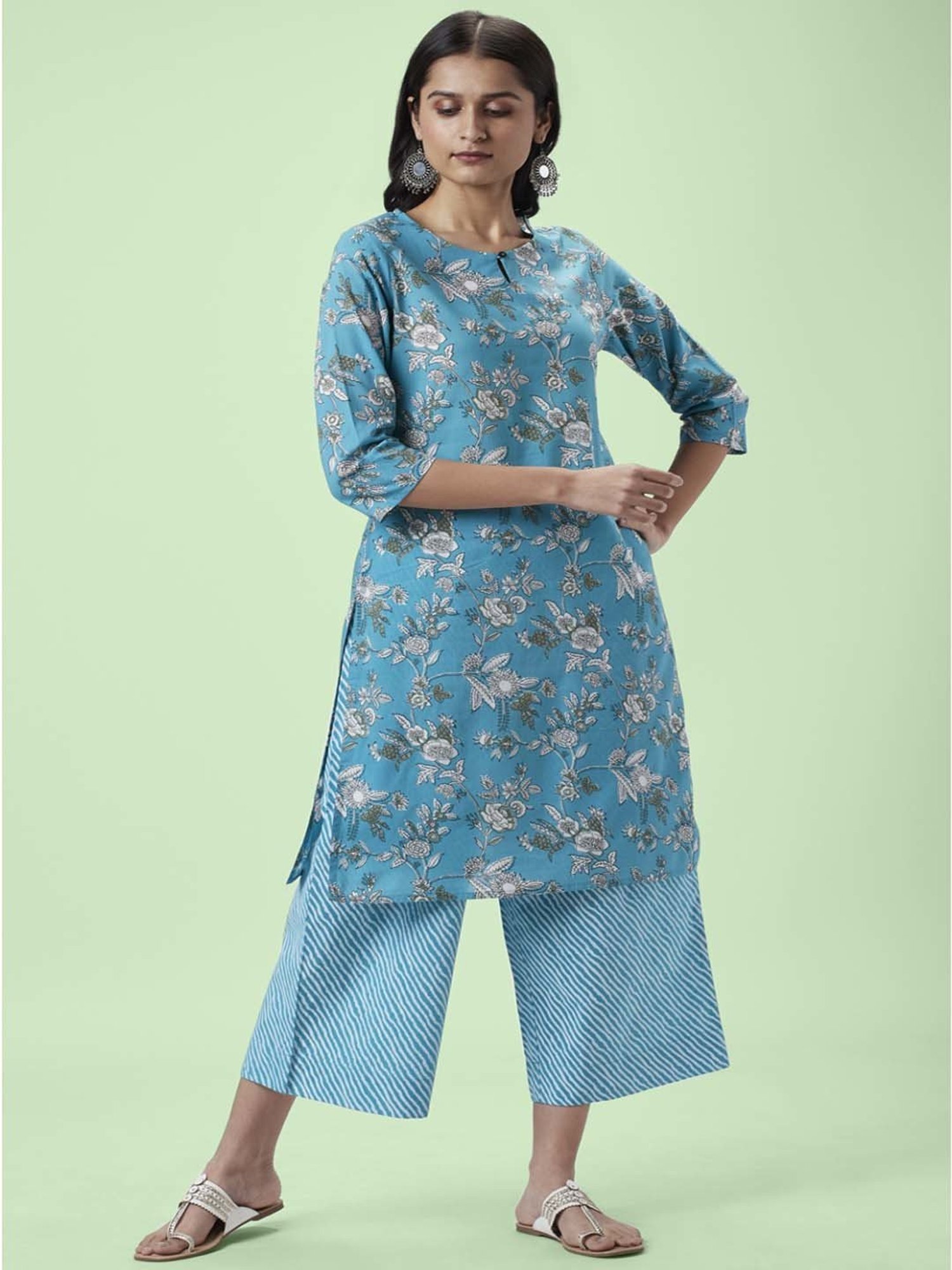 Rangmanch by Pantaloons Turquoise Cotton Floral Print Kurta Palazzo Set With Dupatta