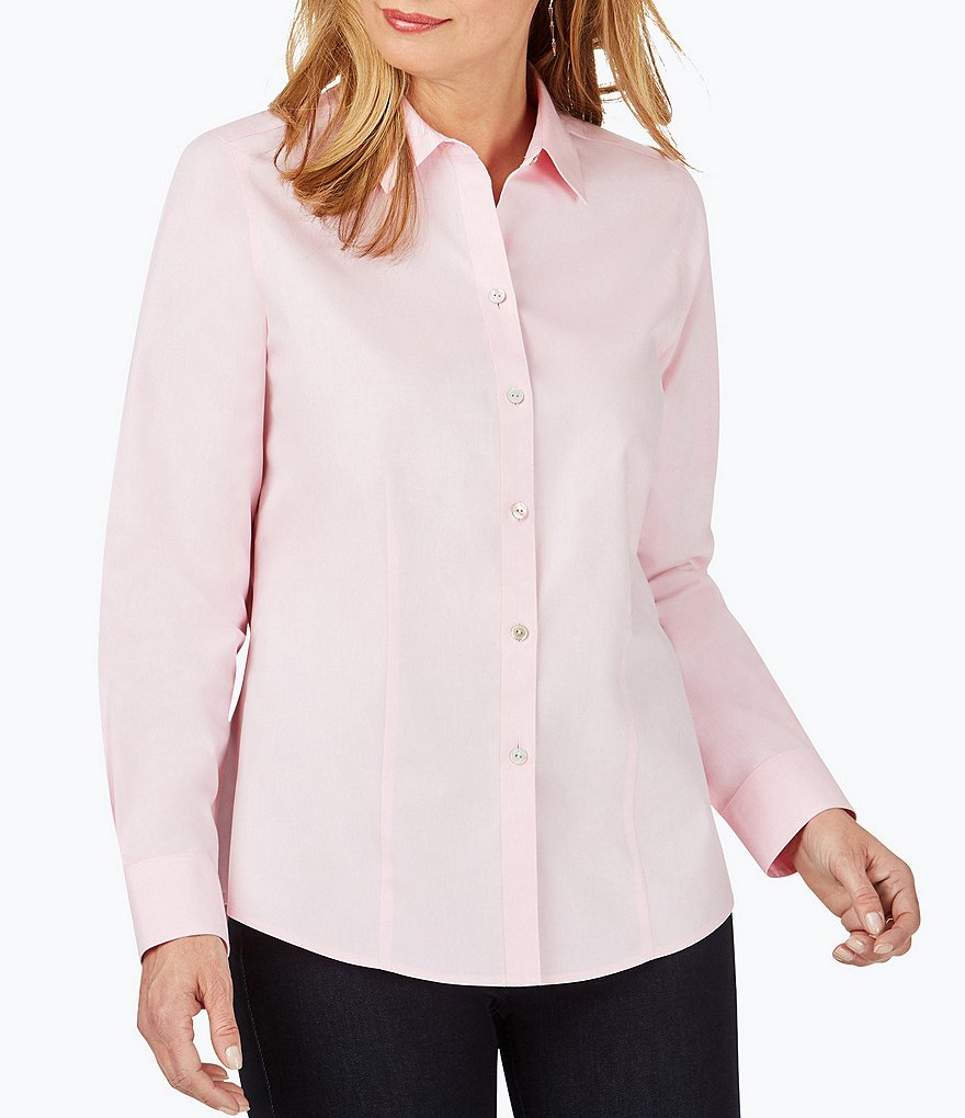 Foxcroft Dianna Point Collar Neck Long Sleeve Non-Iron Pinpoint Oxford Seamed Button Front Blouse