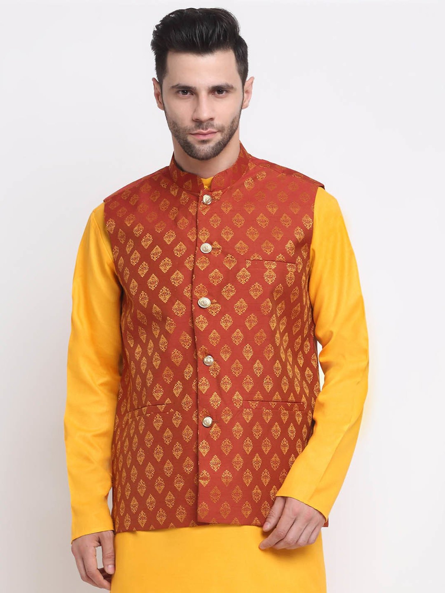 Neudis Men Rust Printed Mandarin Collar Nehru Jacket