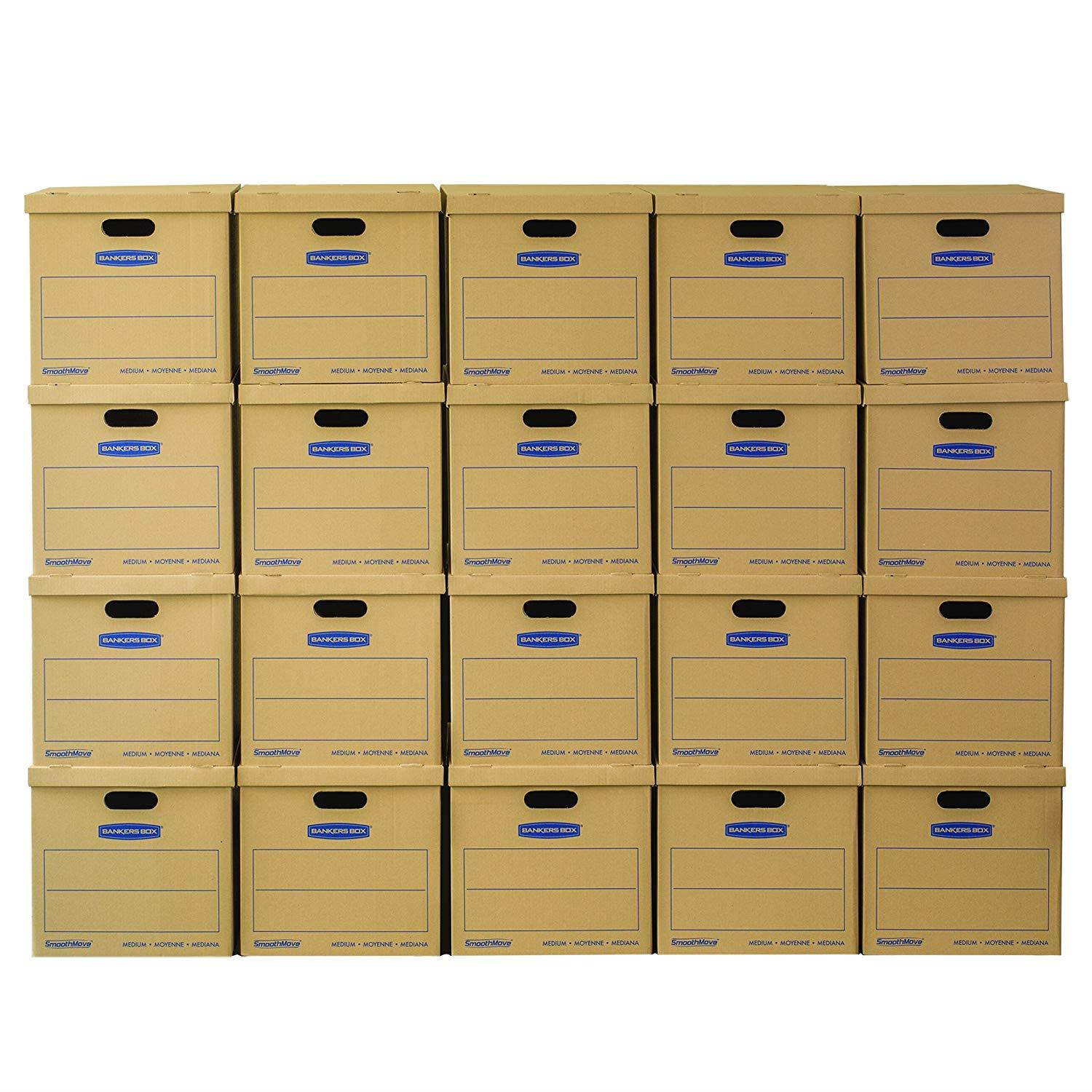 Bankers Box SmoothMove Classic Moving Boxes, Tape-Free Assembly, Easy Carry Handles, Medium, 18 x 15 x 14 Inches, 20 Pack (8817202)