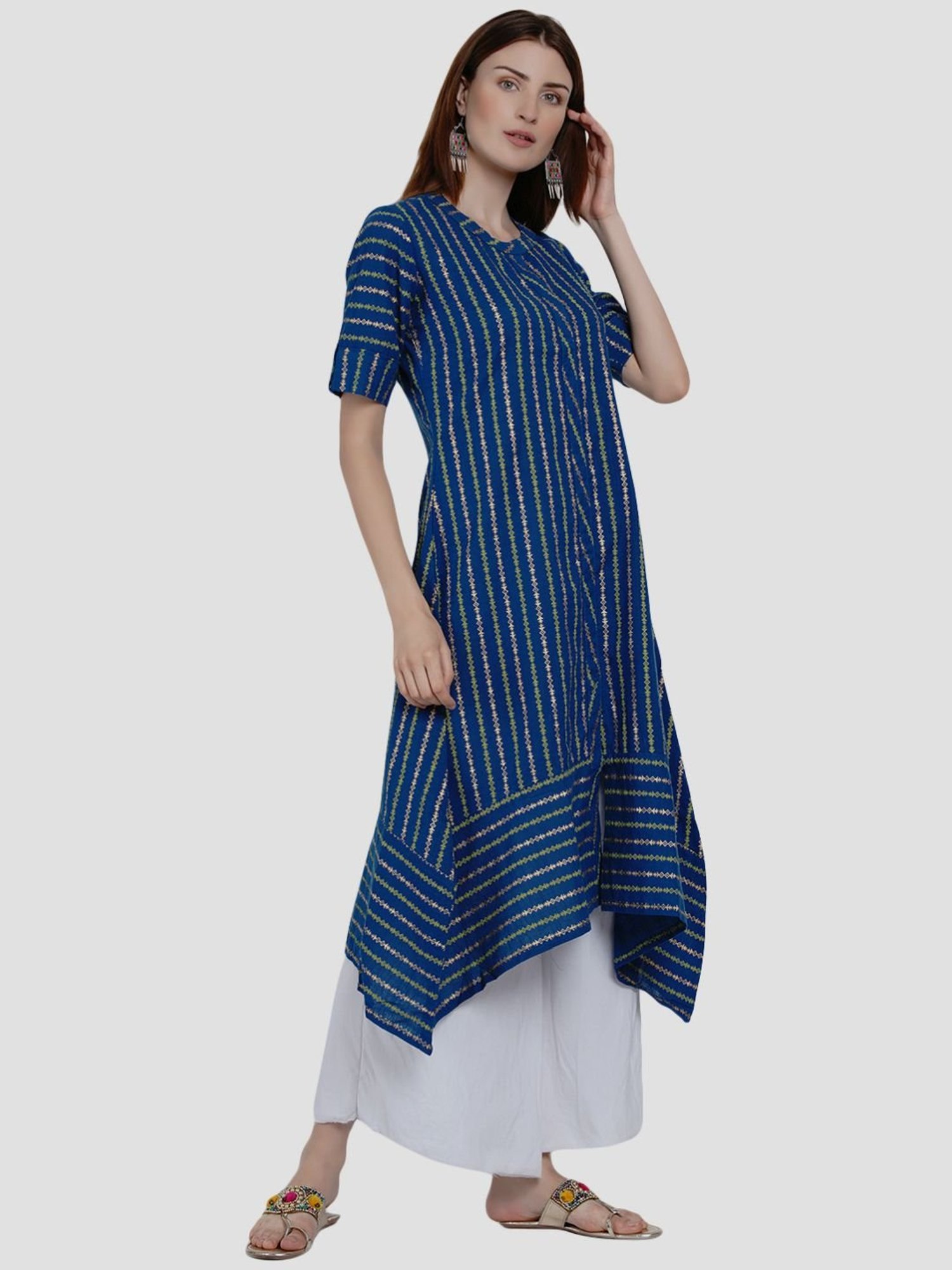 Women Republic Blue Cotton Printed A Line Kurta
