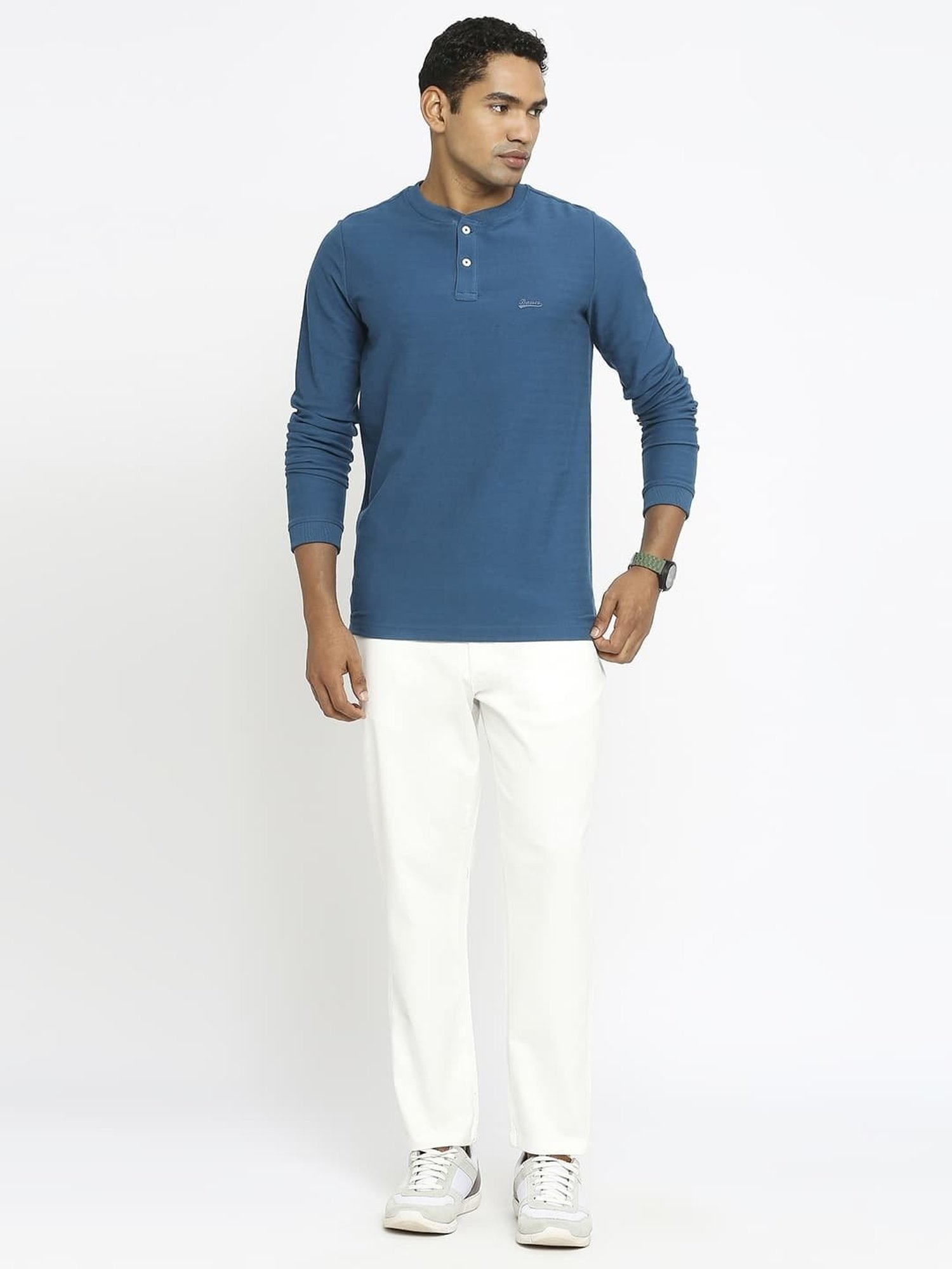 Basics Blue Cotton Muscle Fit Henley T-Shirt