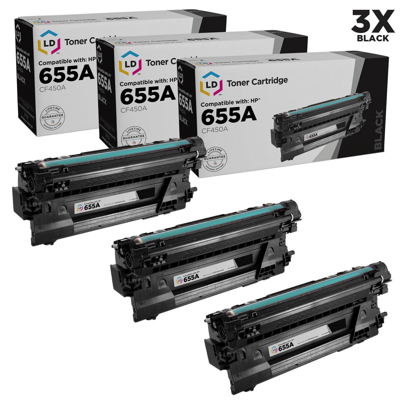 LD Compatible 655A CF450A Black Laser Toner Cartridges 3-Pack for HP M682 M653dh