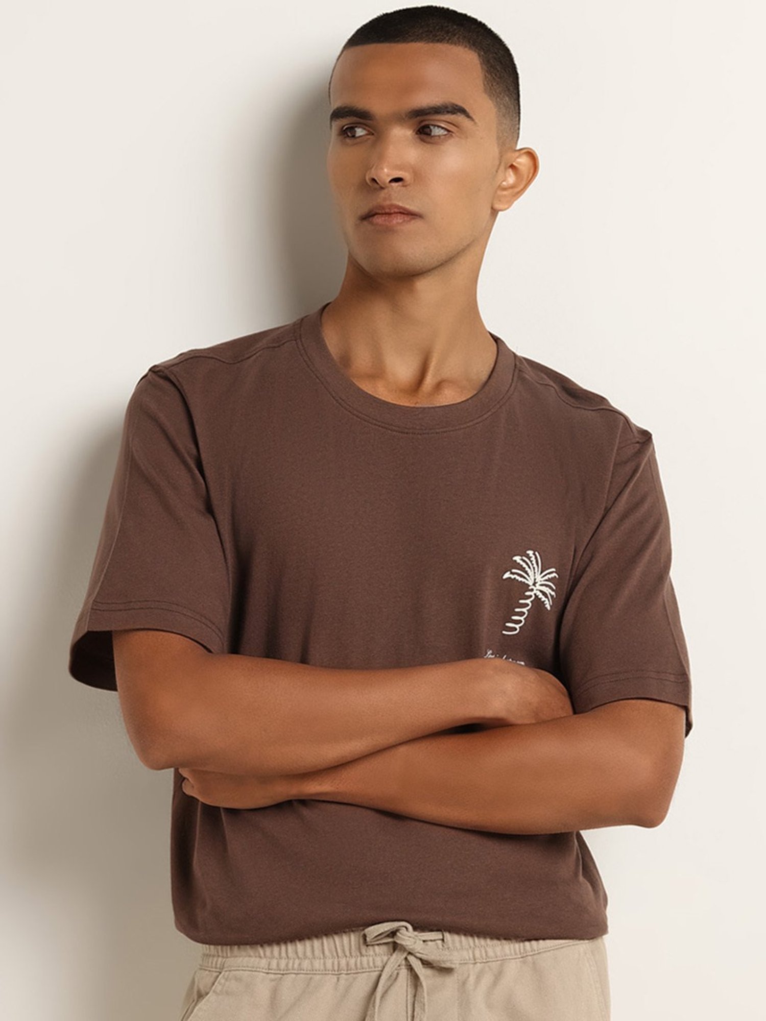 Nuon by Westside Brown Text Design Regular-Fit Cotton T-Shirt