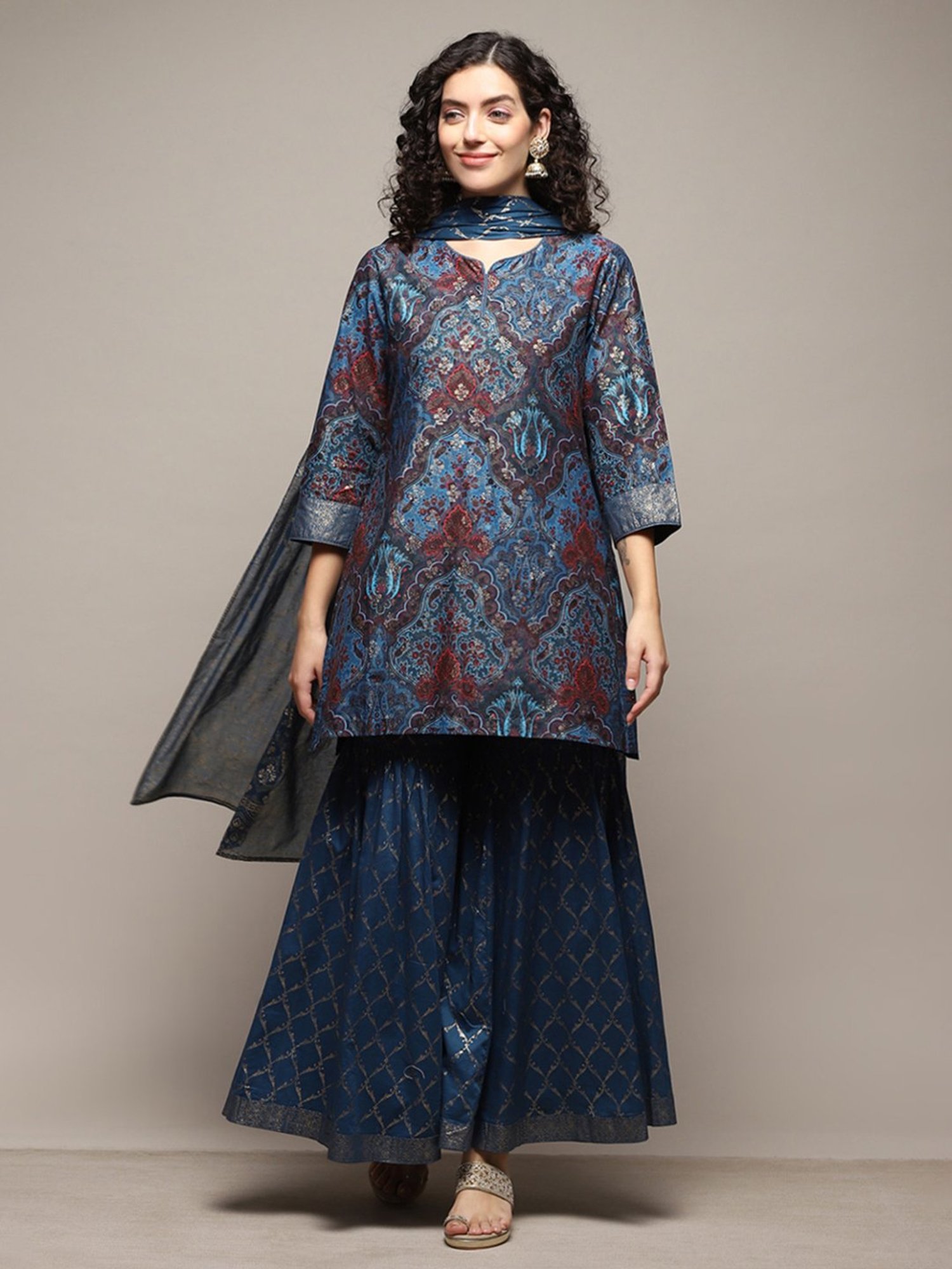 Biba Teal Blue Cotton Printed Kurti Sharara Set With Dupatta