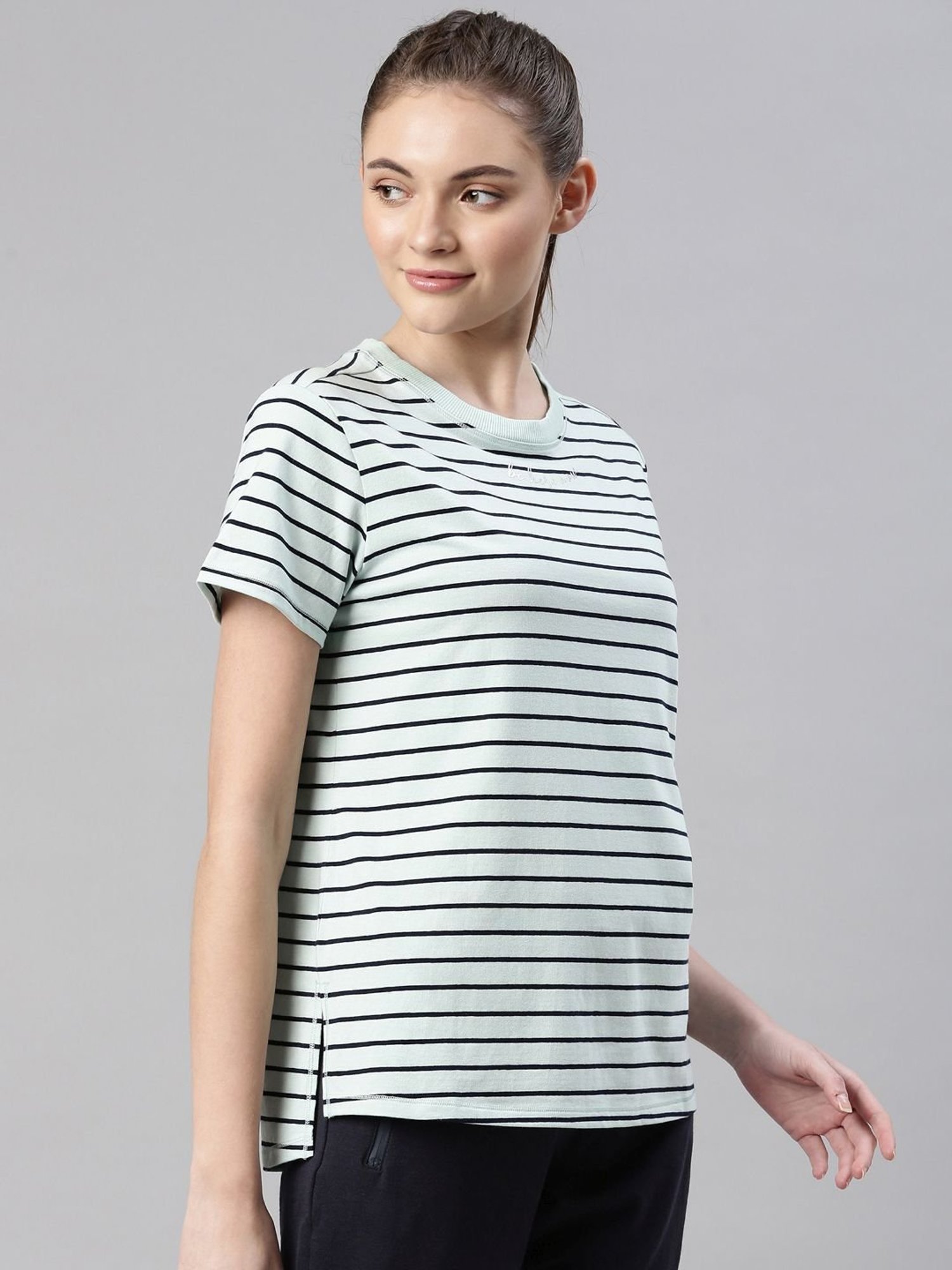 Enamor Blue & Black Cotton Striped Sports T-Shirt