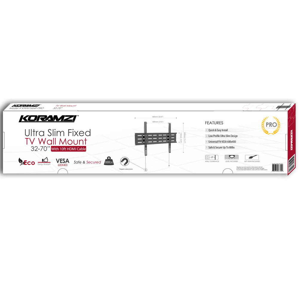 KORAMZI KWM1664F-PRO Fixed TV Wall Mount with Smart Locking System Technology 600x400 VESA Fits 32-70" TV's including Bubble Level & 10 ft. HDMI Cable Pro Series (Black)-New