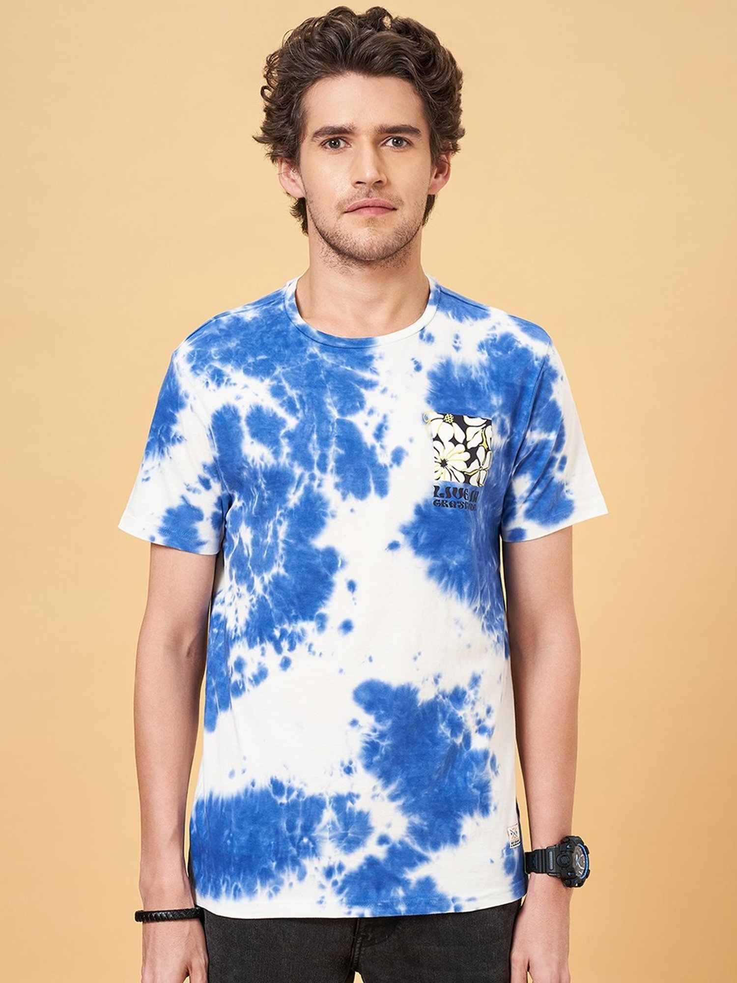 People by Pantaloons Olympian Blue Cotton Slim Fit Printed T-Shirt