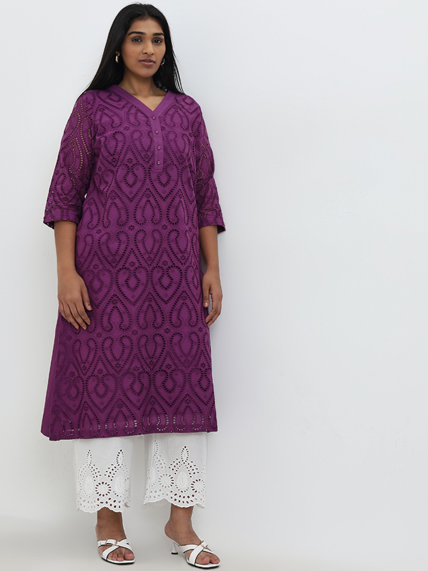 Diza by Westside Purple Schiffli Design A-Line Cotton Kurta