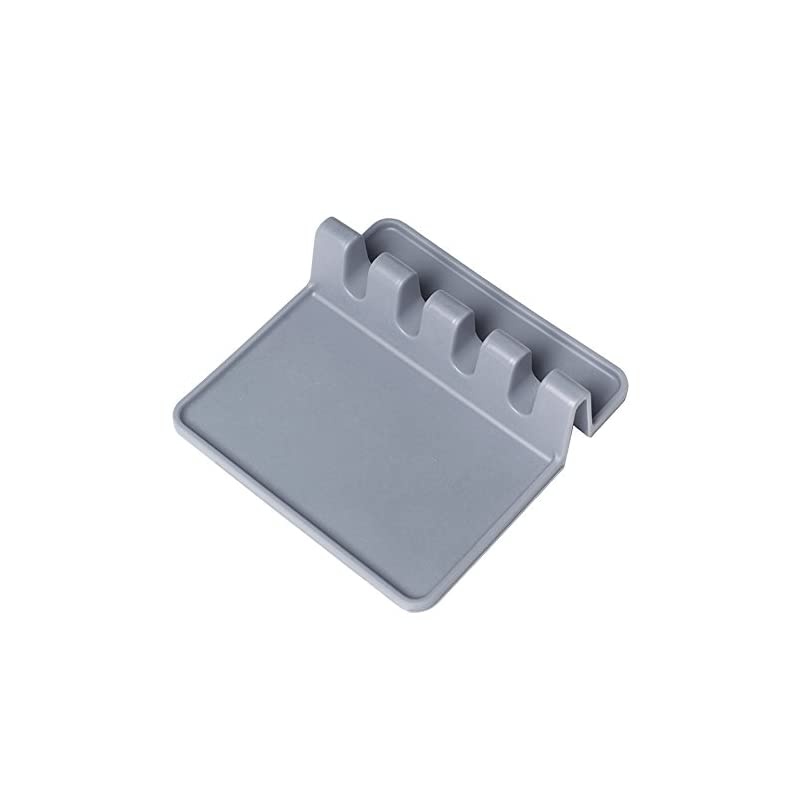 Kitchen Utensil Rest，BPA-Free Silicone Spoon Rest & 4 Slots Heat-Resistant Ladle Spoon Spatula Holder, Gray