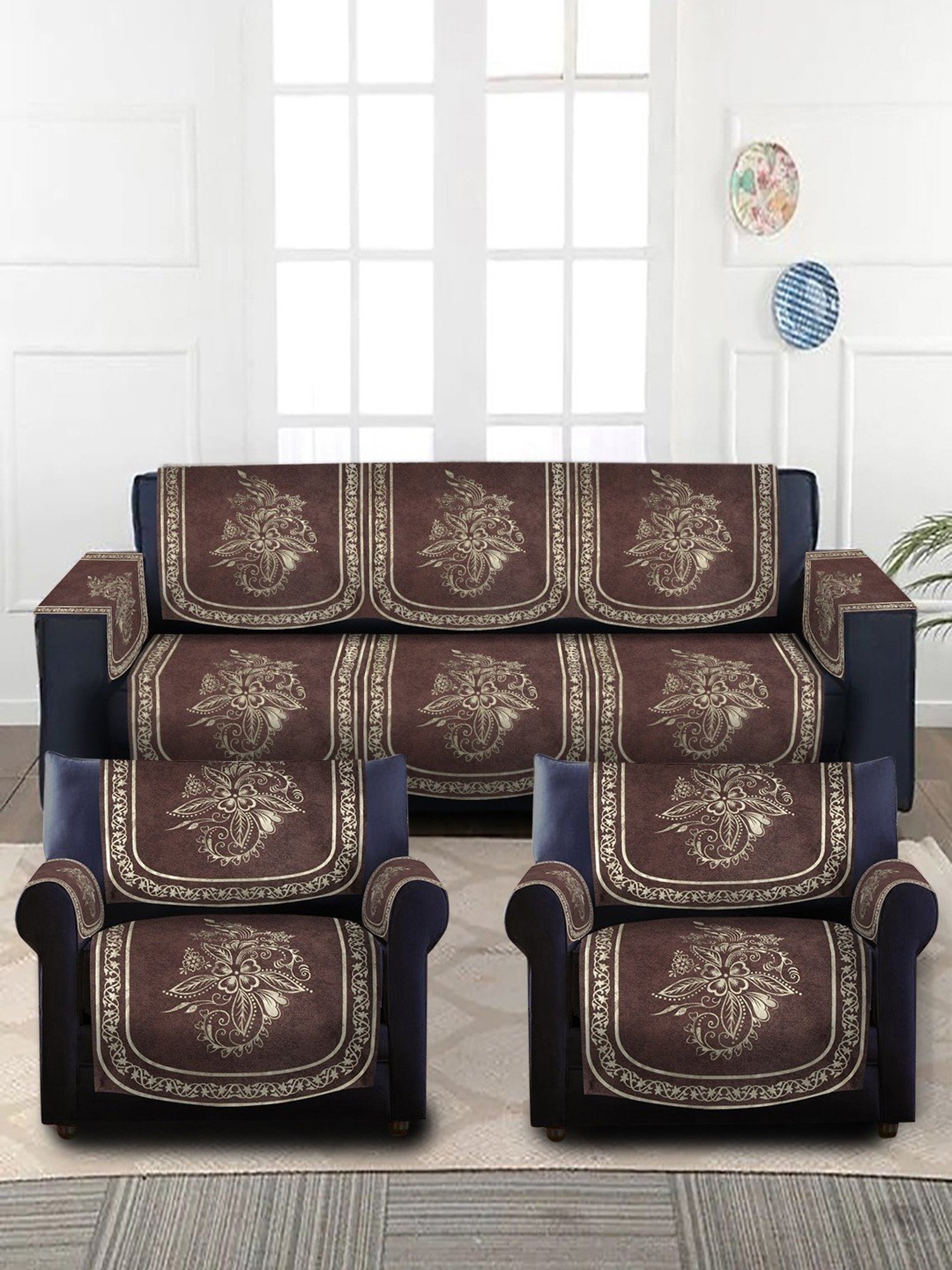 HOSTA HOMES Coffee Brown Velvet 5 Seater Sofa Cover with Arm Rest