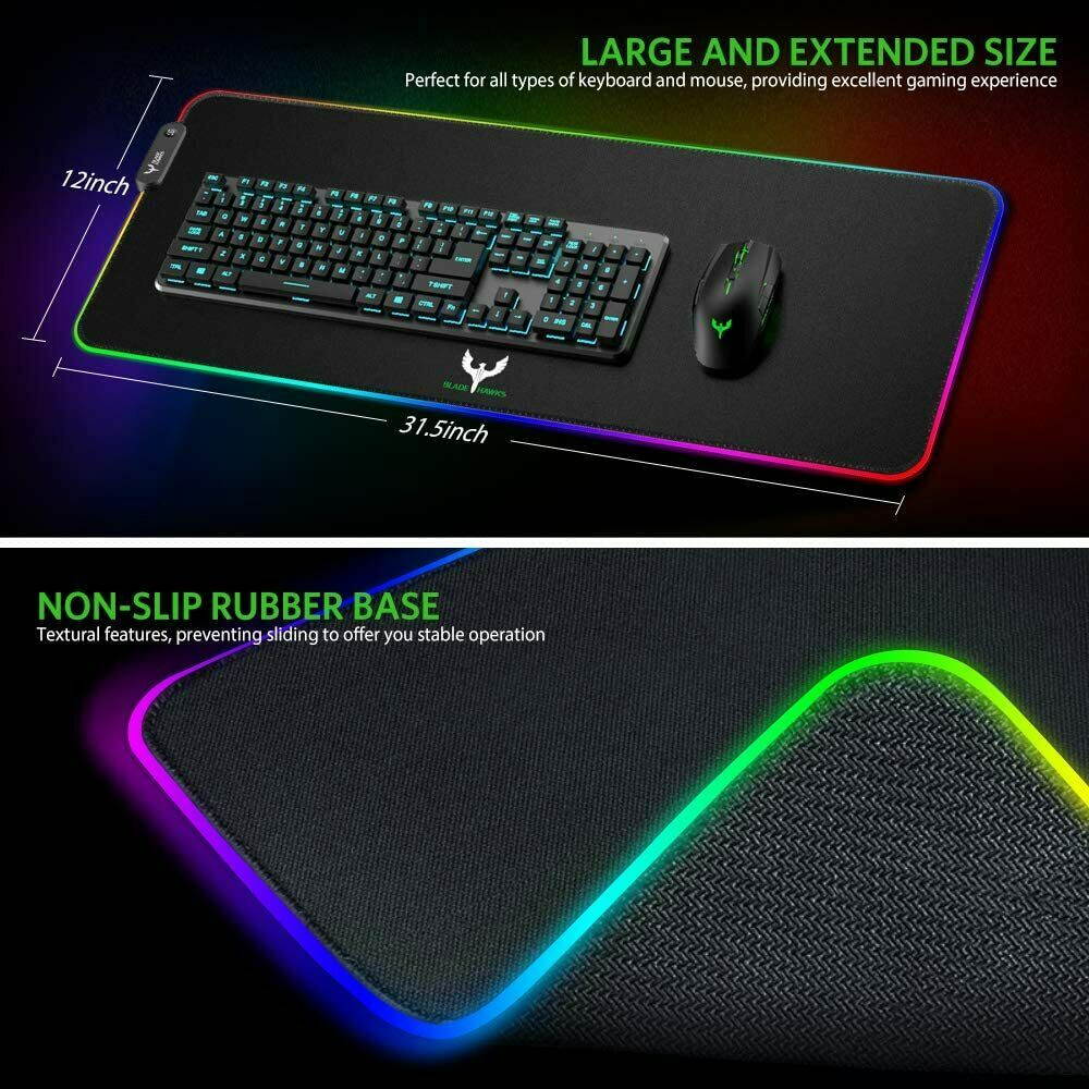 Blade Hawks RGB Gaming Mouse Pad, LED Soft Extra Extended Large Mouse Pad, Anti-Slip Rubber Base, Computer Keyboard Mouse Mat - 31.5 X 12 Inch