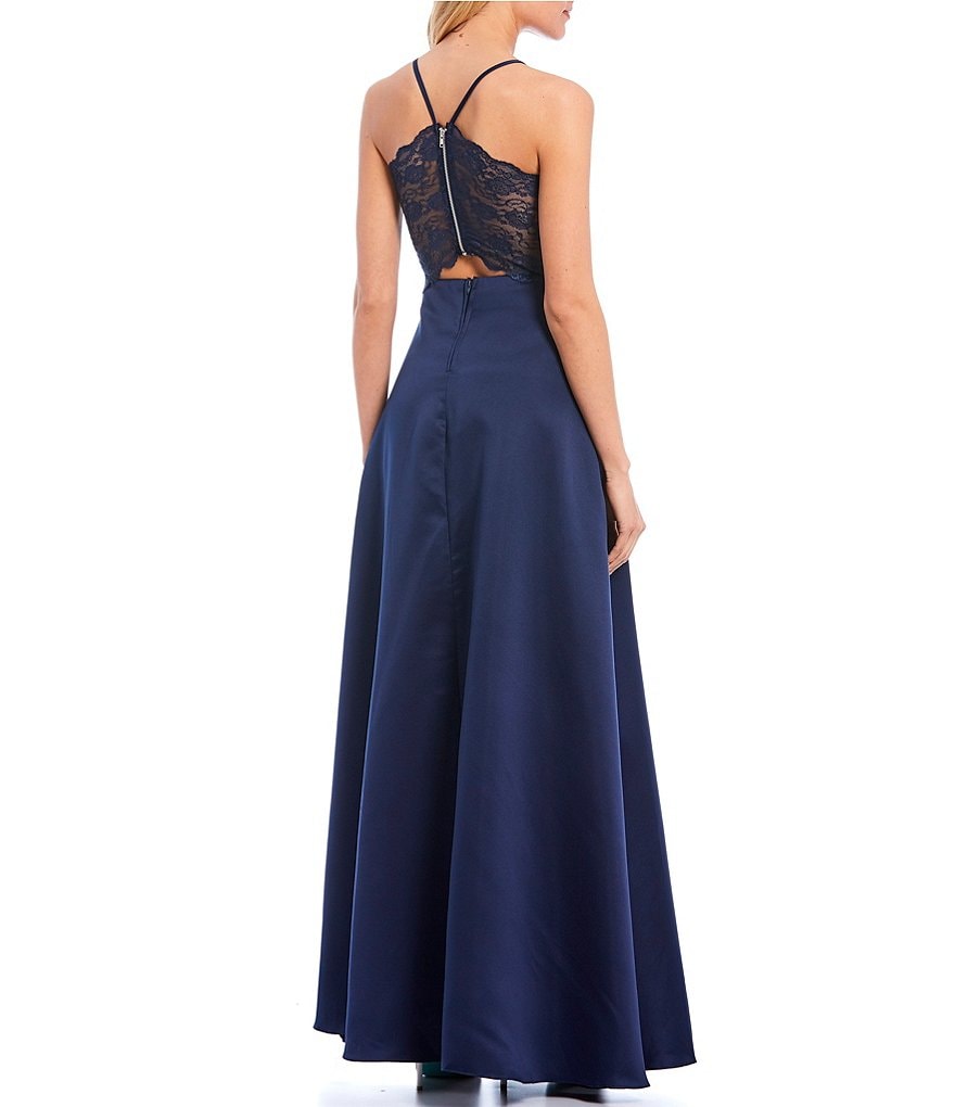 City Vibe Sleeveless Lace-Bra-Back Side Slit A-Line Satin Long Dress