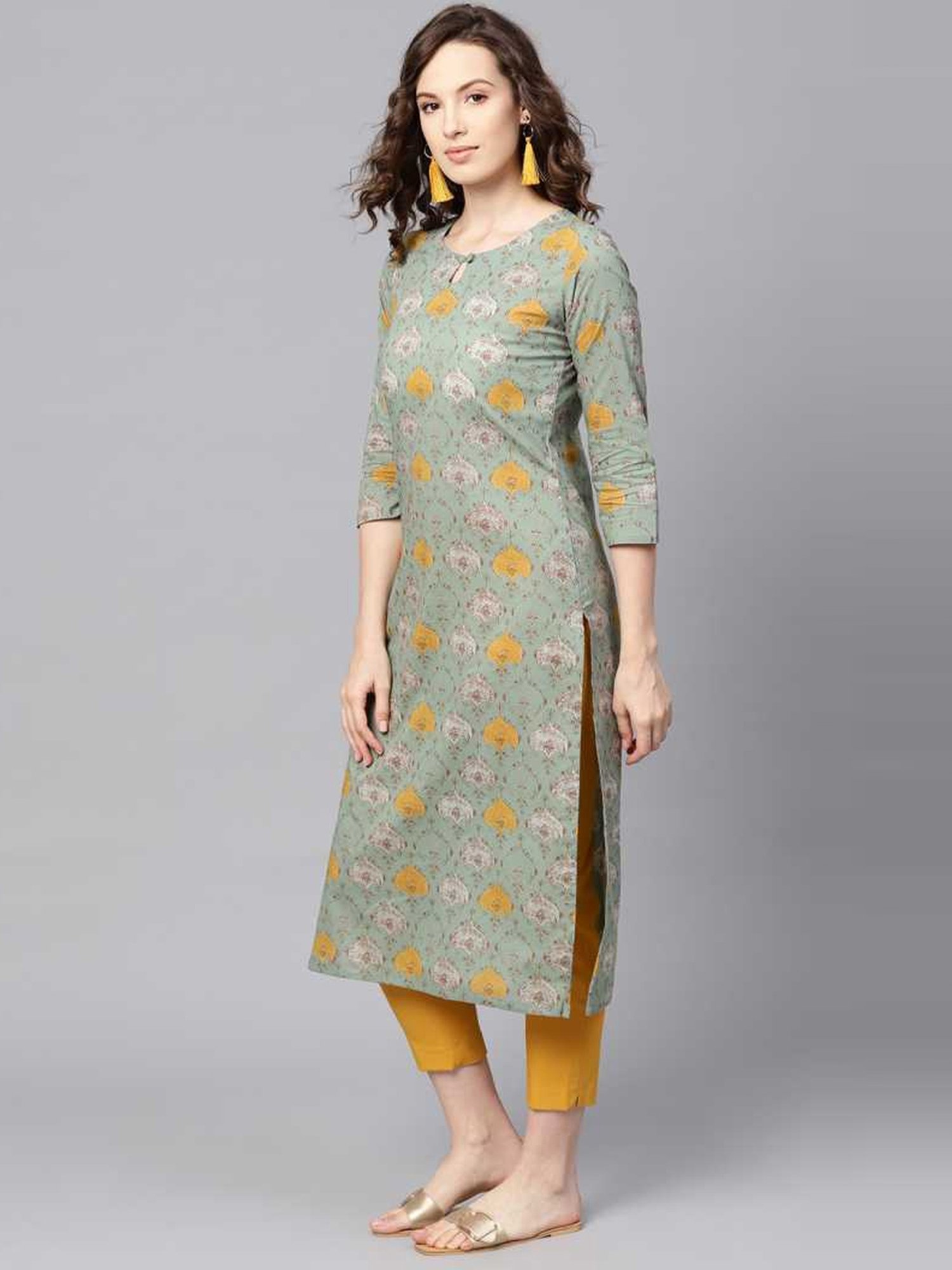Vaamsi Olive Green Rayon Printed Straight Kurta