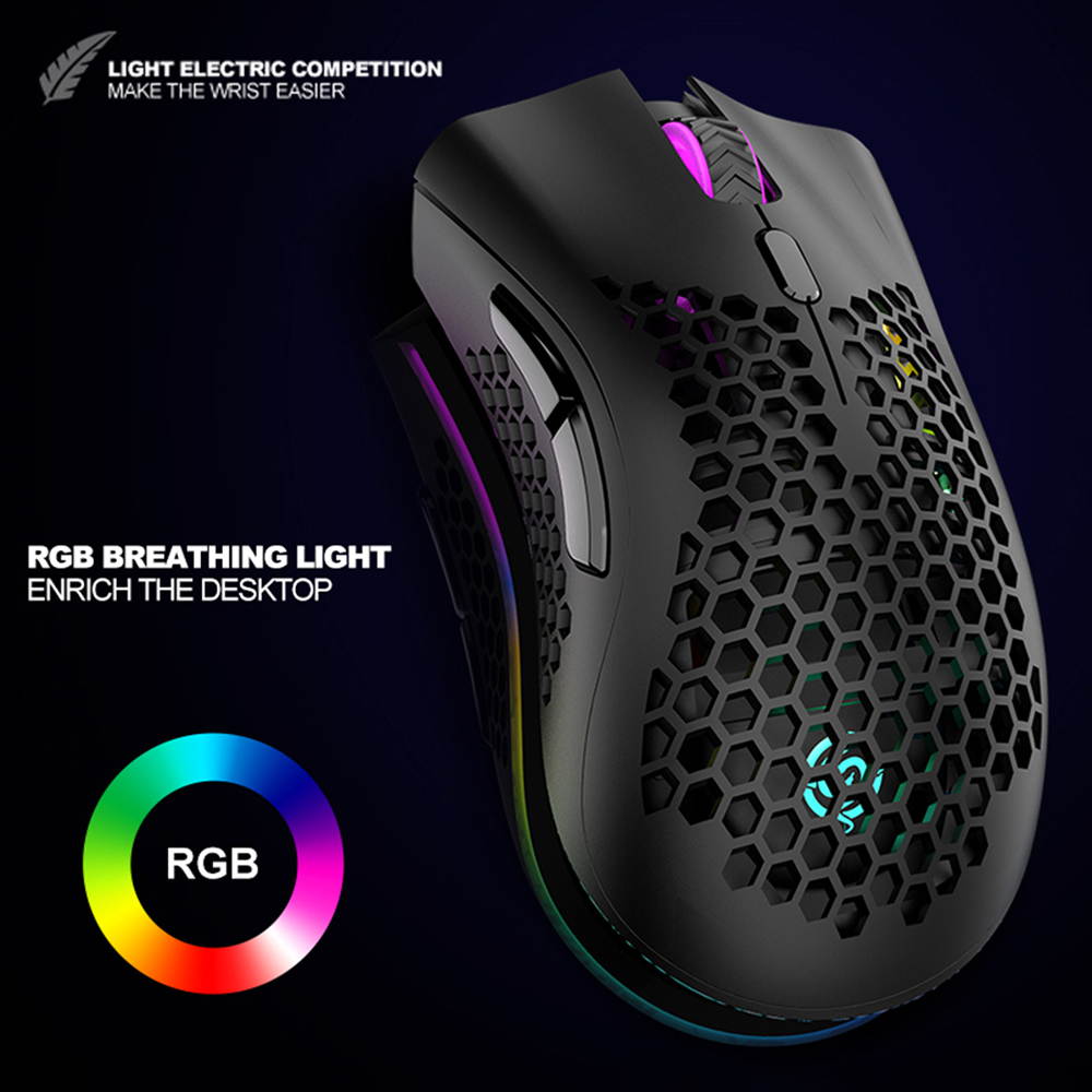 Lightweight Gaming Mouse, 2.4G Wireless Mouse Honeycomb Design Rechargeable Wireless Gaming Mouse with USB Receiver RGB Backlight Computer Mouse for Laptop PC (Black)